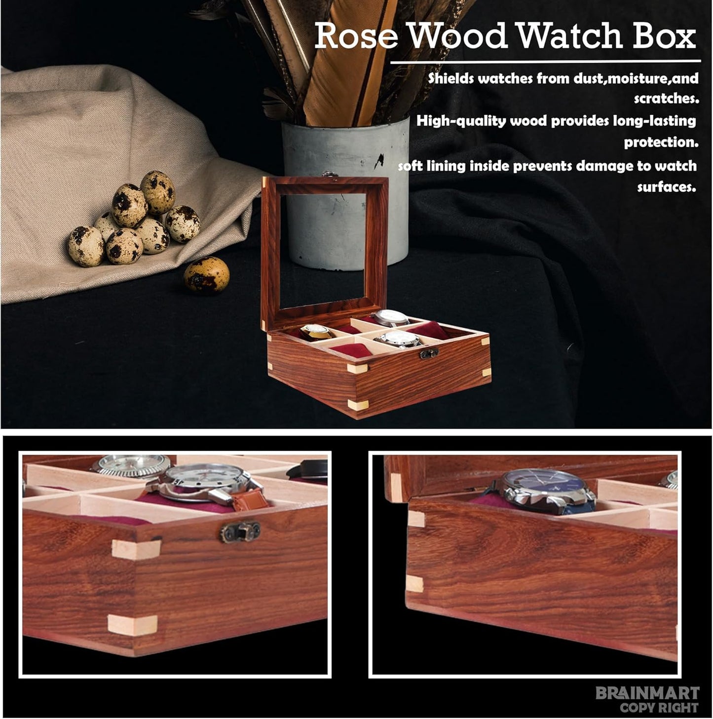 Wooden Watch Box for Men & Women, Watch Organizer & Display Case, Premium Long-Lasting Watch Holder for Storage, Elegant Gift for Watch Collectors (Glass Top, 6 Slots)