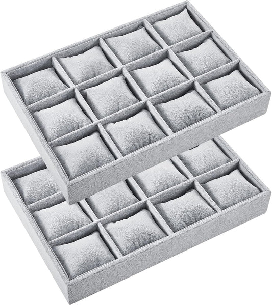 Henoyso 2 Pieces 12 Grid Velvet Watch Tray Jewelry Organizer Stackable Watch Bracelet Bangle Display Holder Adjustable Pillow (Gray)