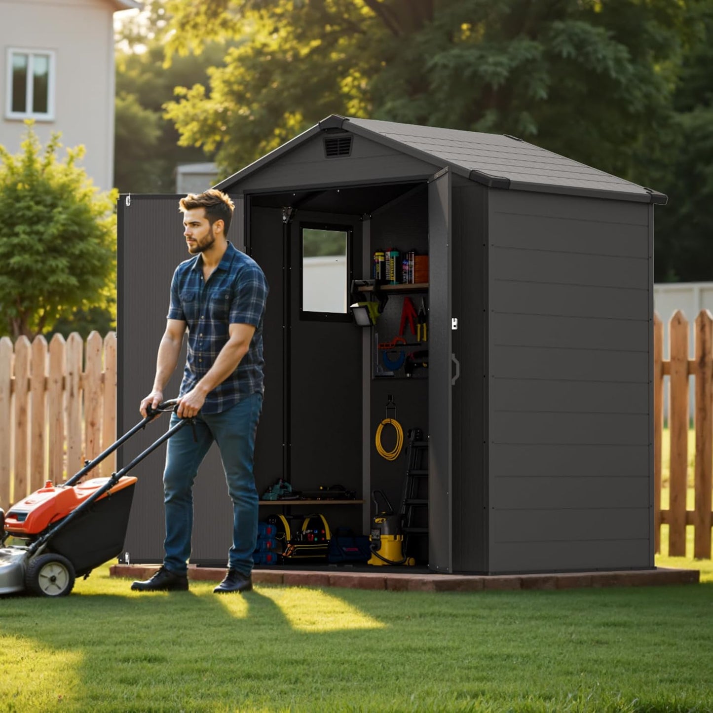 Greesum 6x4FT Plastic Outdoor Storage Shed with Floor, Resin Sheds with Lockable Double Door, Window & Vents, All-Weather Tool Sheds for Garden, Backyard, Patio, Dark Gray