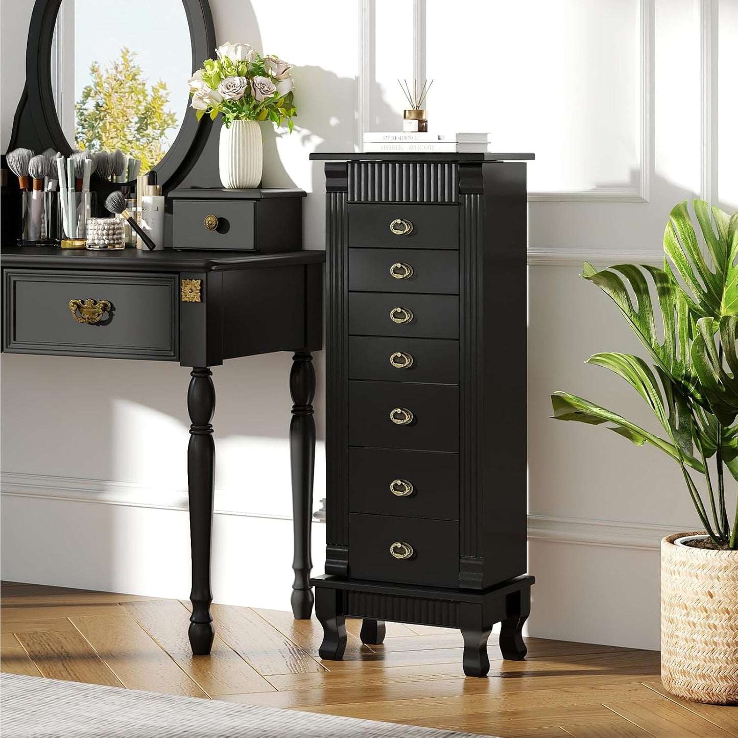 Giantex Standing Jewelry Cabinet with 7 Drawers, Flip-Top Mirror, 2 Side Doors with 12 Necklace Hooks, Divided Ring Compartments, Velvet-Lined Jewelry Armoire Organizer Chest (Black)
