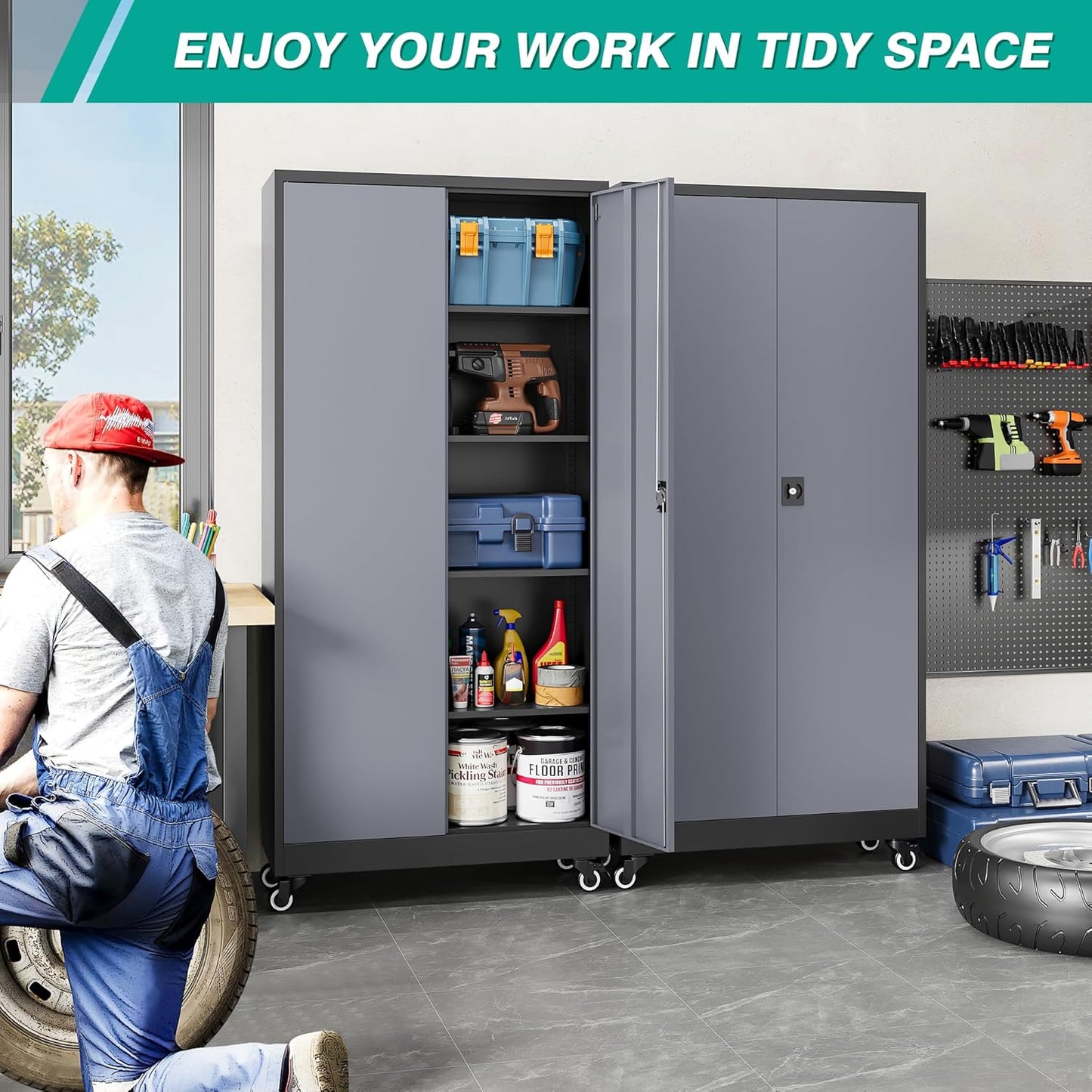 SISESOL 75" Tall Metal Storage Cabinet with Wheels,Rolling Garage Storage Cabinet with Lock,Gray Metal Cabinets with Wheels and Shelves,Tall Tool Cabinets on Wheel for Garage,Home,Office,Shop