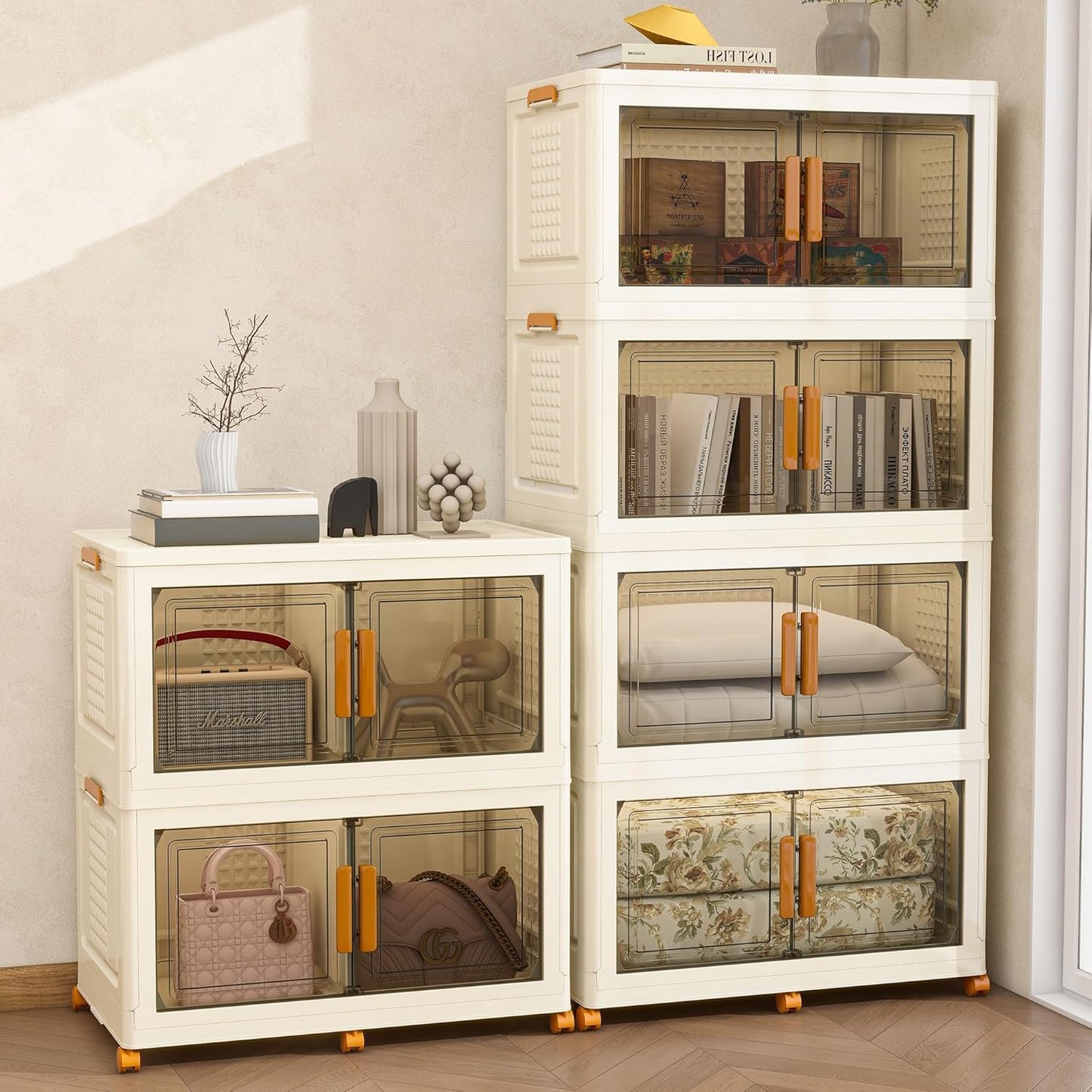 Plastic Stackable Storage Bins with Lids and Wheels, Foldable Closet Organizers and Storage Containers, Collapsible Clear Drawer Storage Cabinet with Doors Ivory White 304 QT
