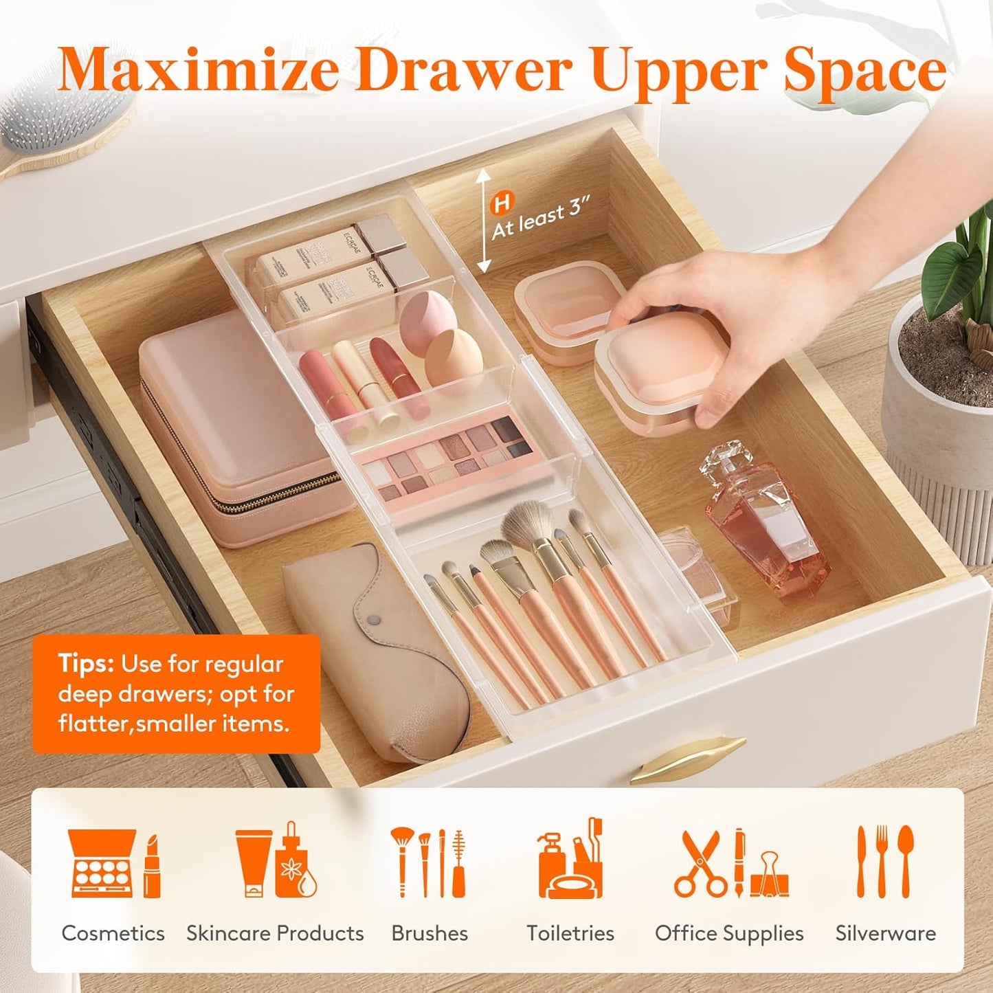 Lifewit 3 Pack Sliding Makeup Drawer Organizer Trays with Inserts, Extendable Hanging Desk Drawer Divider, 14-23" Long/1.8" High Plastic Organizer Tray in Vanity/Bathroom/Office/Kitchen, Translucent