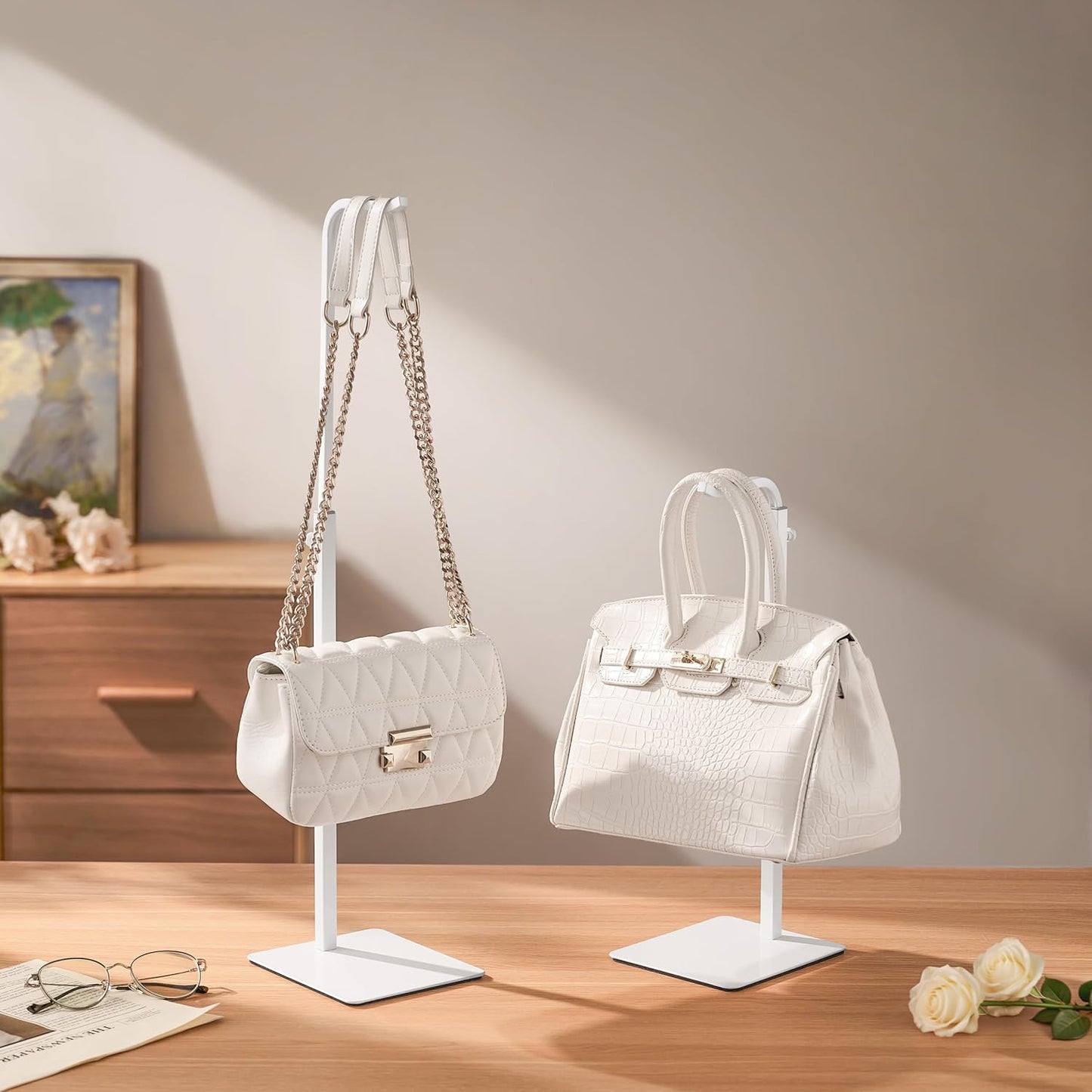 pickpiff 3 Pack Purse Holder Handbag Display Stand: White Hanger Rack for Bags, Purses, and Wreath, Adjustable Hook Stand for Tabletop, Closet, and Retail Use for Vendors