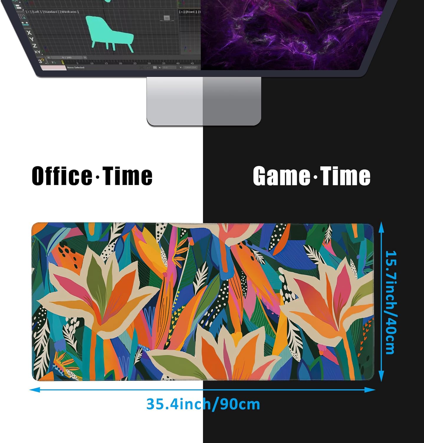 Colorful Tropical Floral Large Gaming Mouse Pad,Waterproof Desk Mat for Desktop,Non-Slip Rubber Base Mousepad with Stitched Edges for Laptop Office and Home 35.4X15.7 Inch