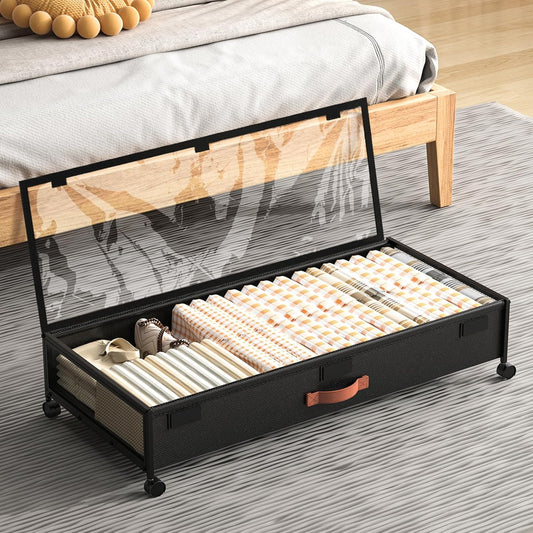 Under Bed Storage with Wheels, XXXL Larger Under Bed Storage Containers with Clear Lids, 36'' Lengthen Under Bed Shoe Organizer, Rolling for Shoes Clothes (Black 1 Pack, XXXL(36"x16.6"x7.48"))
