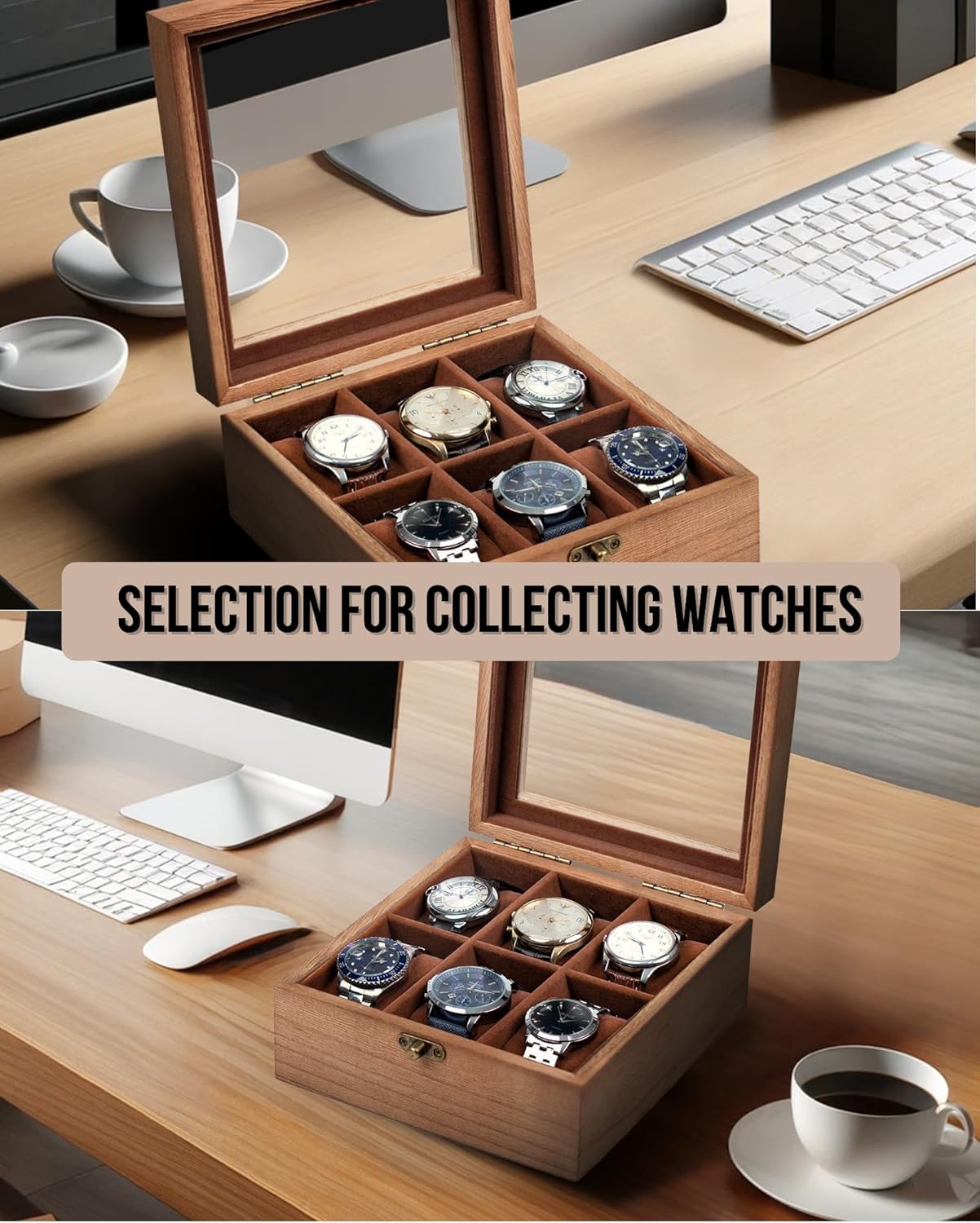 Watch Box, Watch Case for Men Women with Large Glass Lid, Wooden Watch Display Storage Box with 6 - Slots, Retro Burlywood 6x2 Mens Watch Box Organizer