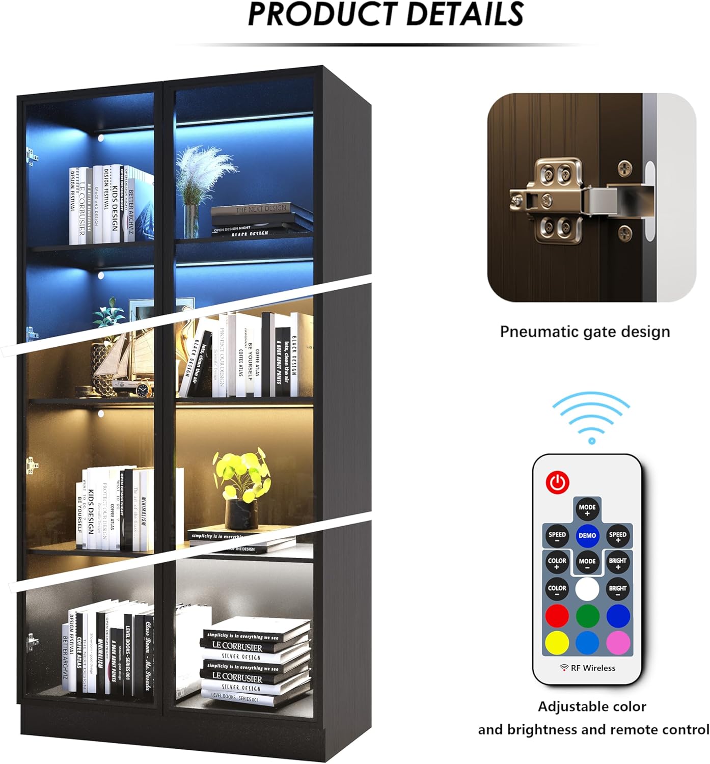 63'' Tall Glass Display Cabinet with LED Lights,Showcase with Glass Doors,4-Tier Curio Cabinet for Collectibles Bookcase,Storage Shelf, Bookcase(Black- 4 Layers, Large)