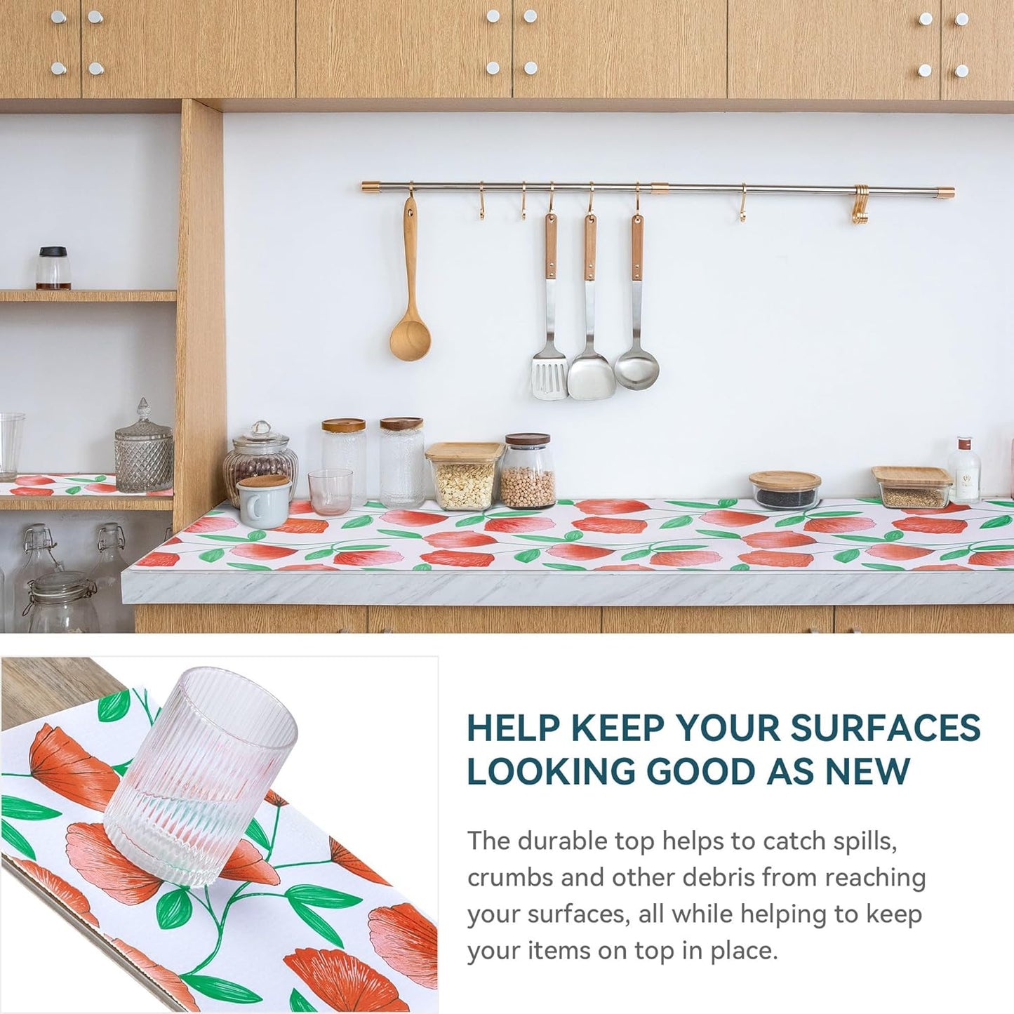 18" W x 96" L Floral Drawer and Shelf Liner for Cabinets, Non-Adhesive Strong Grip Non-Slip Flower Shelf Cabinet Kitchen Shelf Liners for Kitchen Cabinets