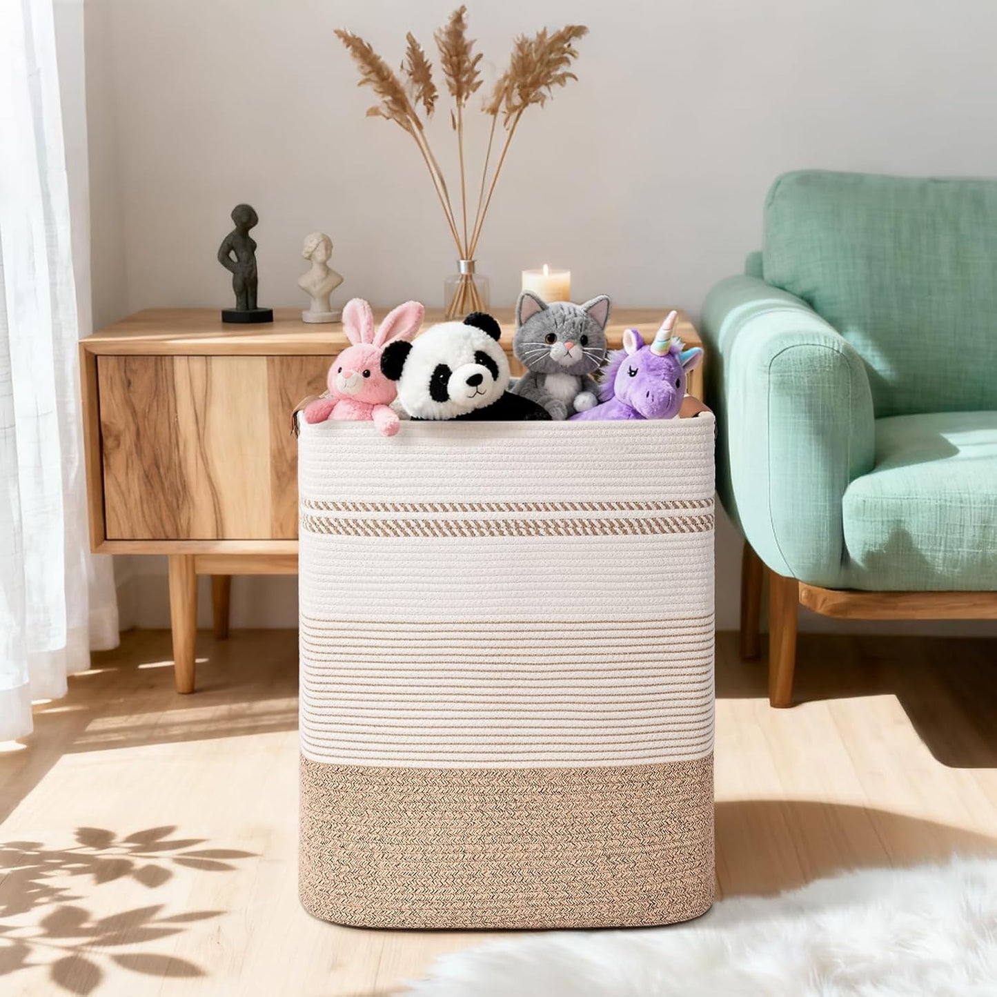 Laundry Hamper, 95L Tall Laundry Basket with Leather Handles, Rectangle Large Clothes Hamper for Organizing, Cotton Woven Laundry Baskets Storage Hampers for Bedroom, Nursery, Living Room