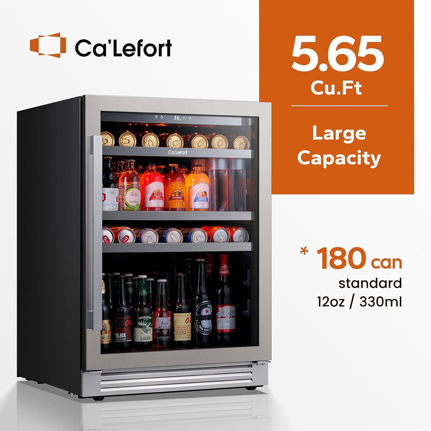 Ca'Lefort 24 Inch Beverage Refrigerator - 220 Can Beverage Fridge with 34° -54°F, Built in or Freestanding Beverage Cooler with Glass Door and 3 LED, Drink Fridge for Home/Kitchen(5.65 cu.ft)