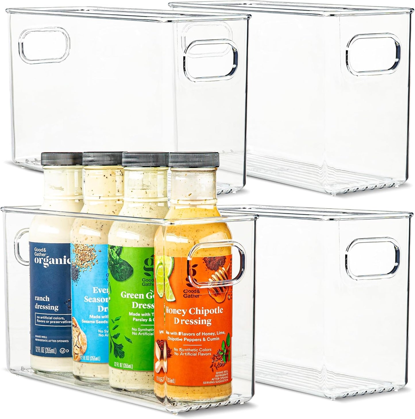 primebox Plastic Food Storage 4 Pack Clear Container Bin with Handles for Organizing Kitchen, Pantry, Refrigerator, Freezer, Pantry, Cabinet, Closet, Bathroom. 10”x4”x6”