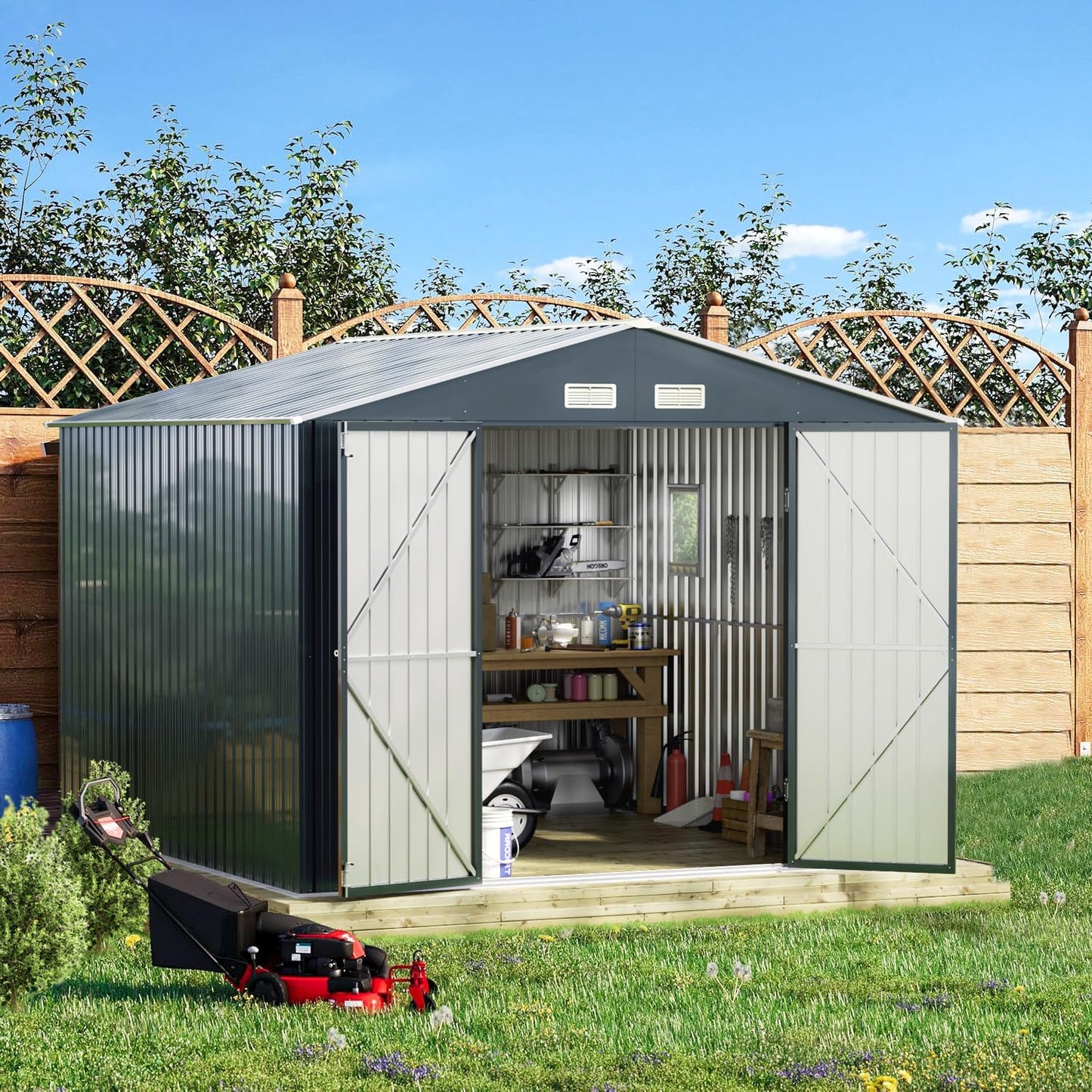 Breezz Outdoor Storage Shed 10 x 10 ft. Utility Tool Shed Metal Storage Garden Shed with Lockable Doors, Windows for Patio Storage,Nightblue