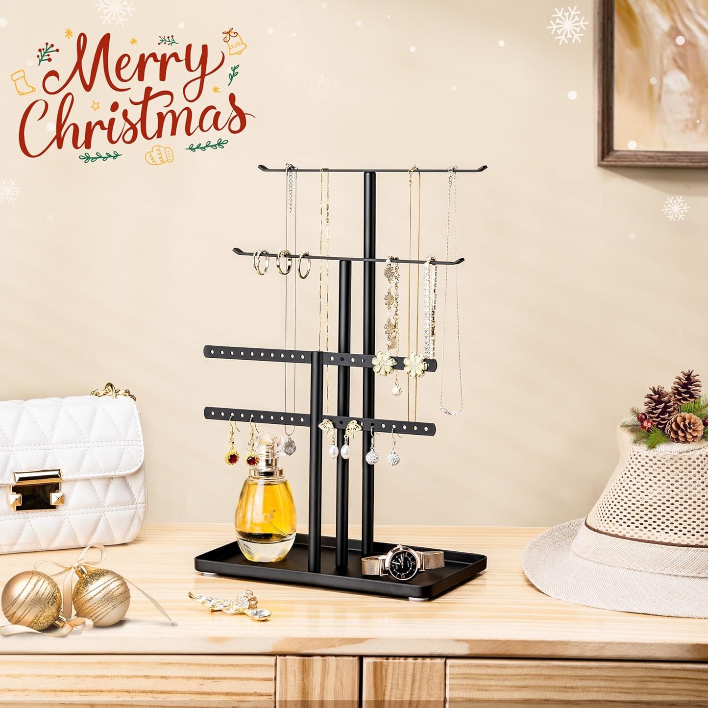 pickpiff Jewelry Stand Organizer, 12.5" Tall Sturdy Metal, 3-Tier Jewelry Holder for Necklace, Earring, Bracelet, Ring, Hanger for Display and Storage, Aesthetic Room Decor, Black