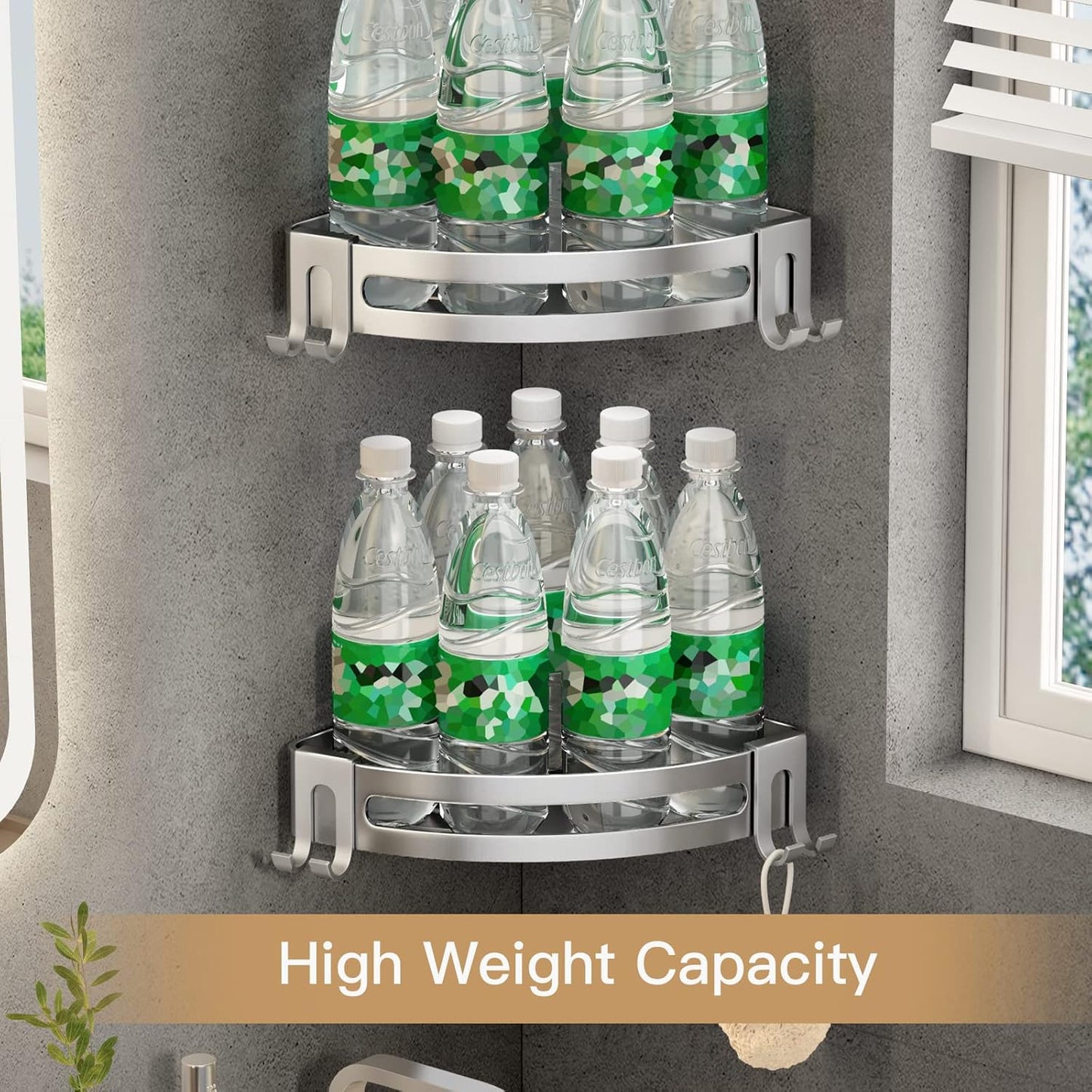 VOLPONE Corner Shower Shelves with Hooks Shower Storage Rack Rustproof Tub Organizer Drill Free (adhesive mounting, no suction cup) Shampoo Holder Wall Mount Corner Shower Caddy (3-Pack, Silver)