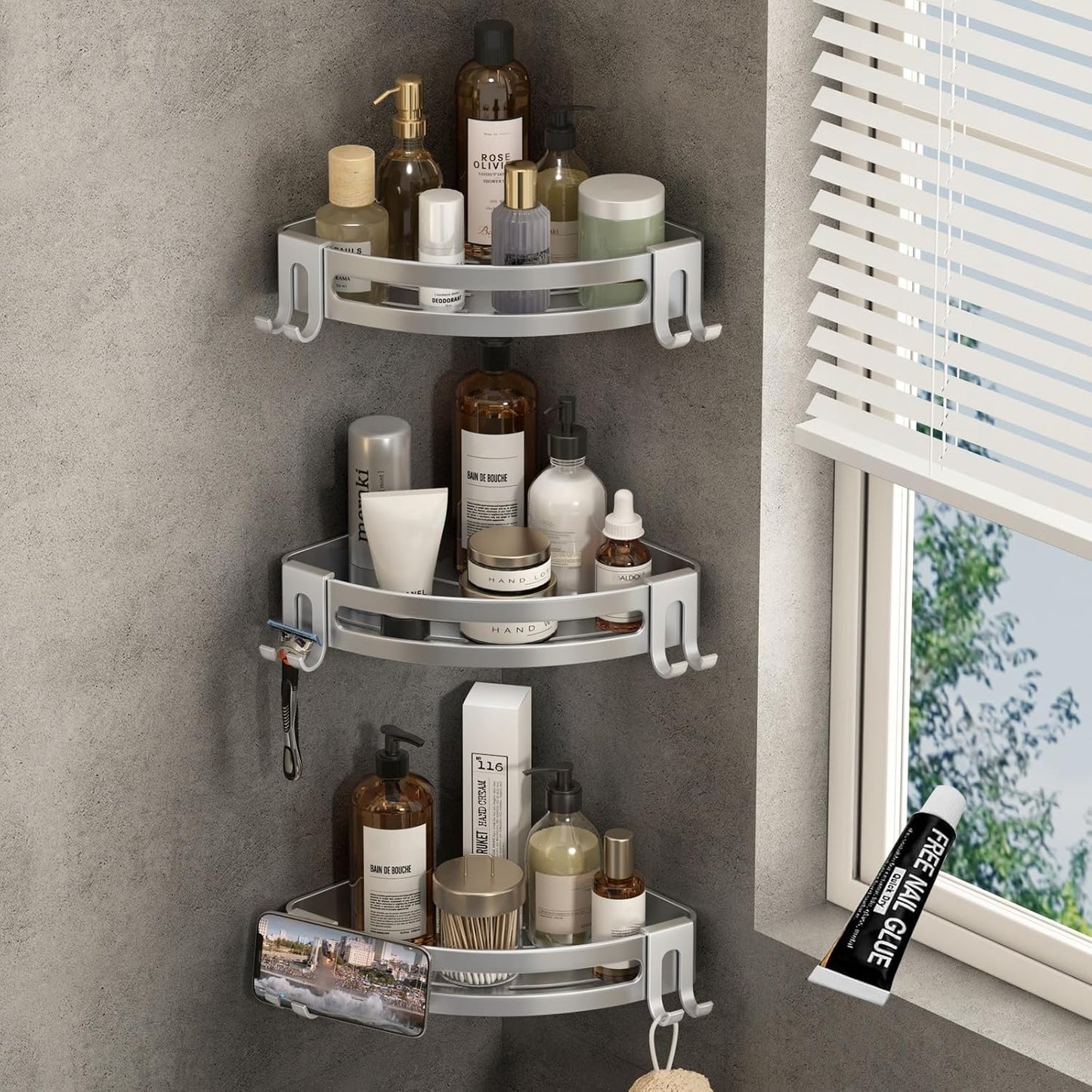 VOLPONE Corner Shower Shelves with Hooks Shower Storage Rack Rustproof Tub Organizer Drill Free (adhesive mounting, no suction cup) Shampoo Holder Wall Mount Corner Shower Caddy (3-Pack, Silver)