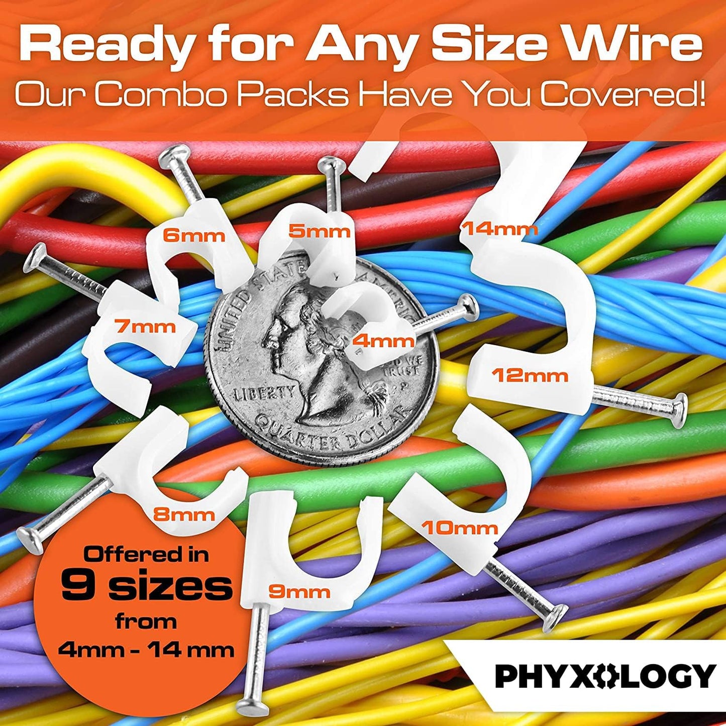 Pro-Grade, Cable Clips with Steel Nails 5mm, 7mm, 9mm Wire Holders and Tacks 100 Per Size. Durable, Easy Install, UV Resistant Plastic Clips to Organize Coax, Ethernet, Cat5, Cat6 and Other Cords.
