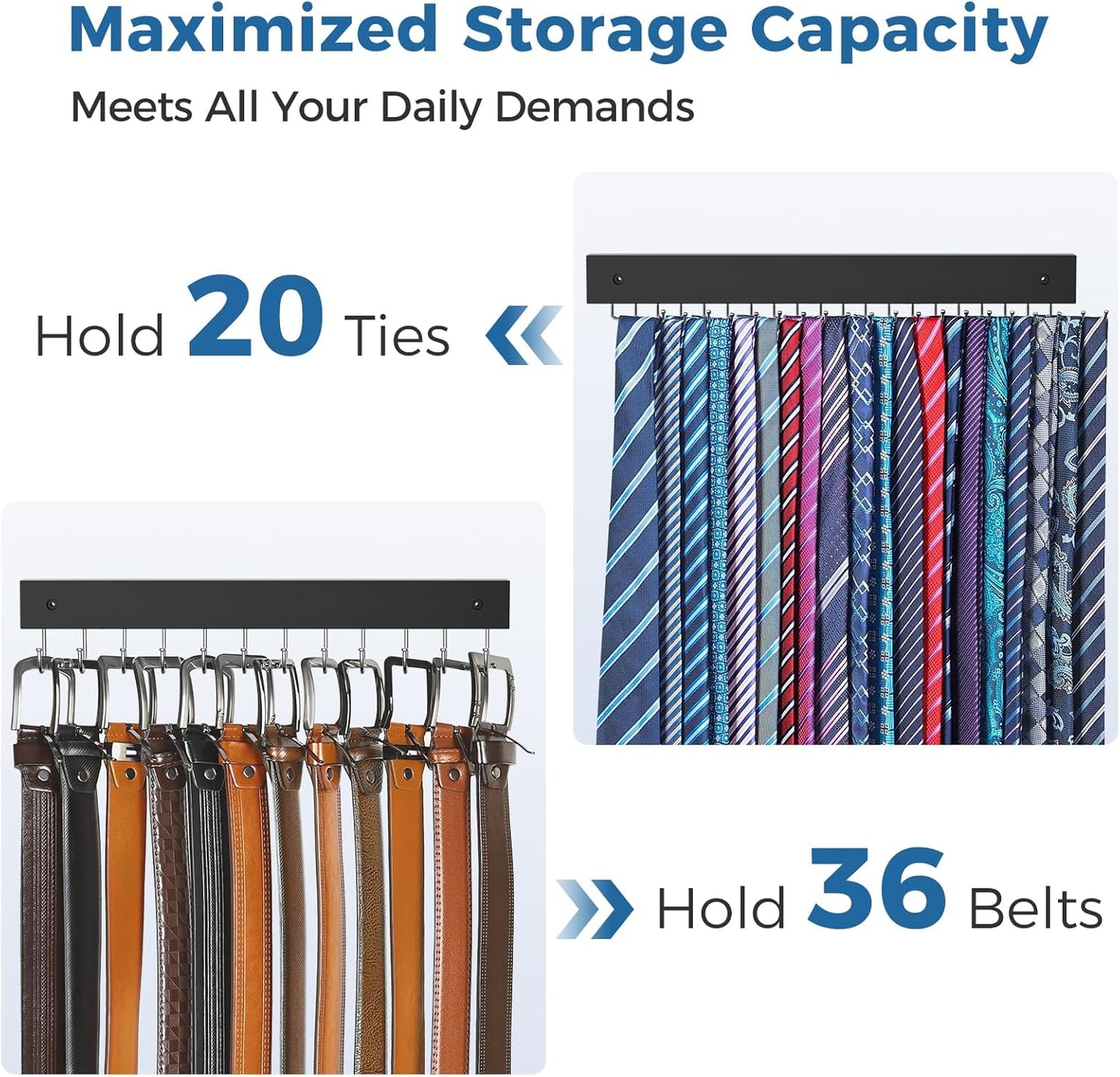 Tie and Belt Rack Wall Mount 2 Pack, Max 20 Tie Storage & 36 Belt Organizer, 180° Rotating Space Saving Tie Holder Belt Hanger for Closet Wall Mounted