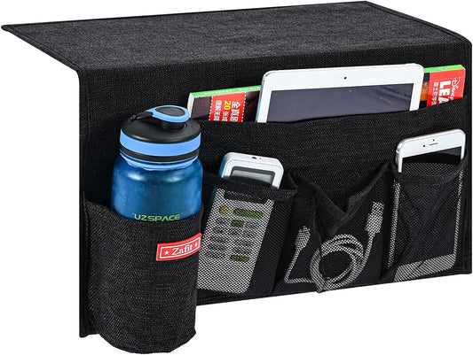 Linen 5 Pockets Bedside Caddy, Bedside Storage Organizer with Water Bottle Holder for Magazine, Remotes, Phone (Black)