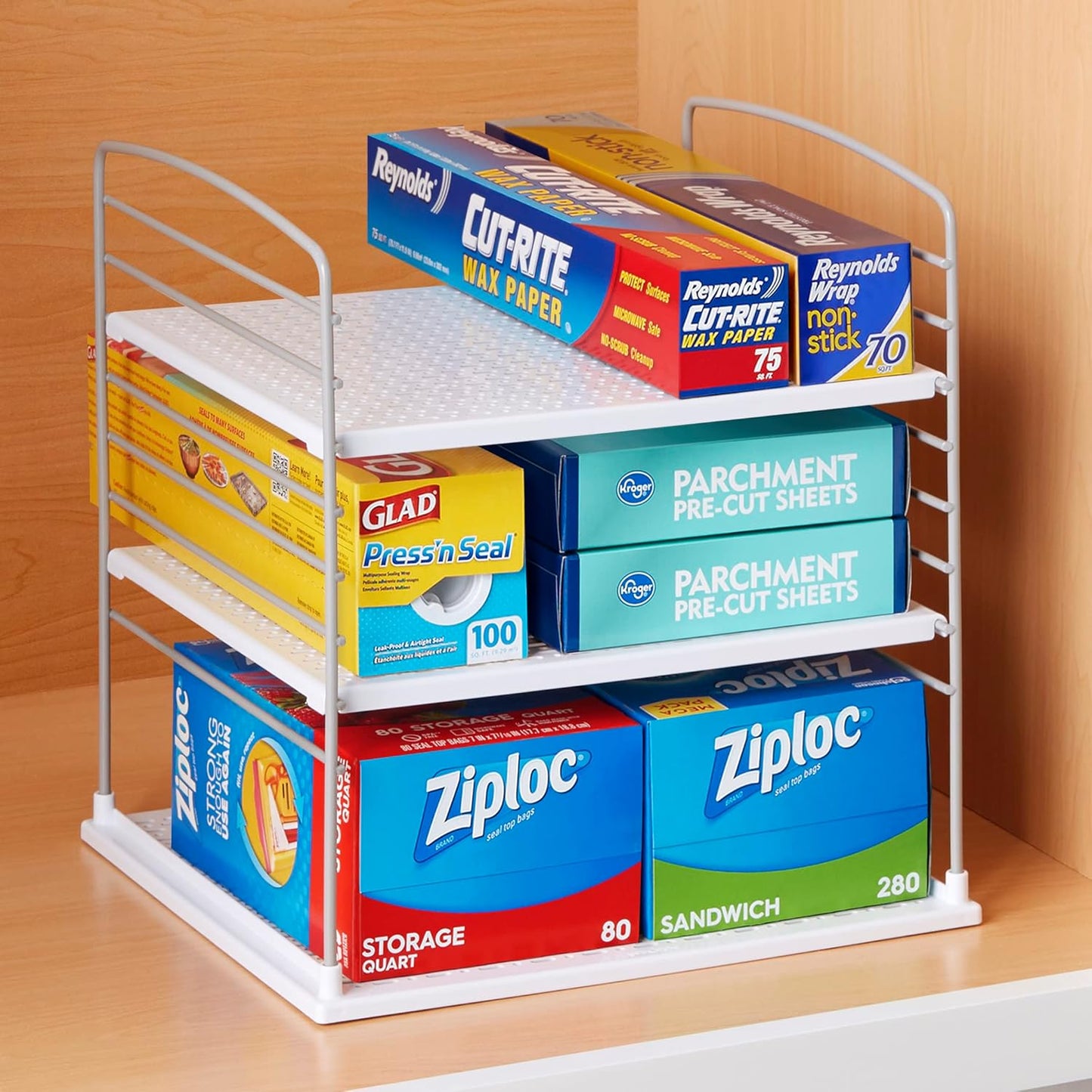 YouCopia UpSpace Cabinet Box Organizer, Adjustable Kitchen and Pantry Shelf for Plastic Wrap and Foil Storage, Extra Large, White