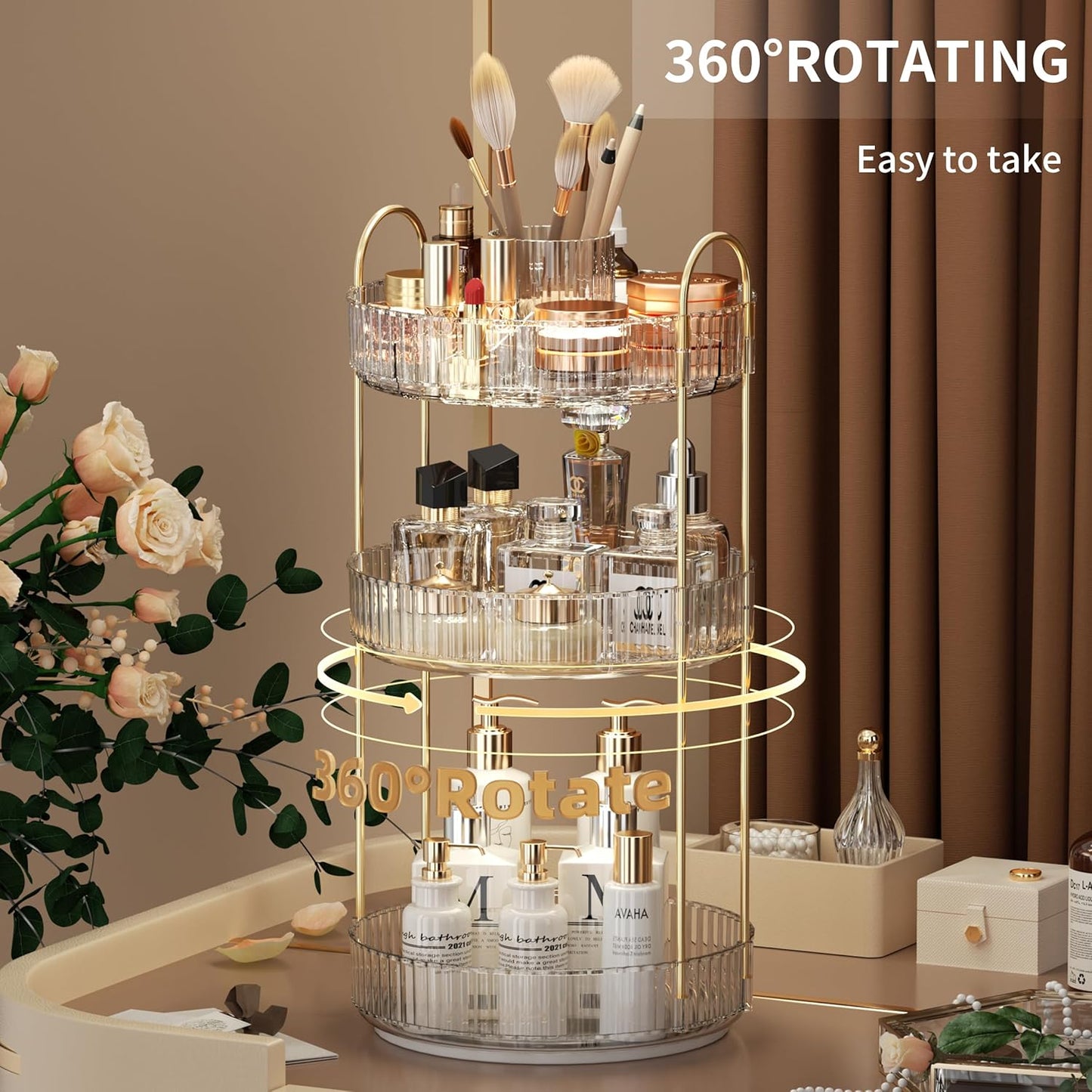 YCIA&DONE Rotating Makeup Organizer for Vanity, Large Capacity Make Up Storage Skin care Shelf Perfume Holders Cosmetic Dresser Organizer Countertop Spinning 360 (White Clear, 3Tiers)