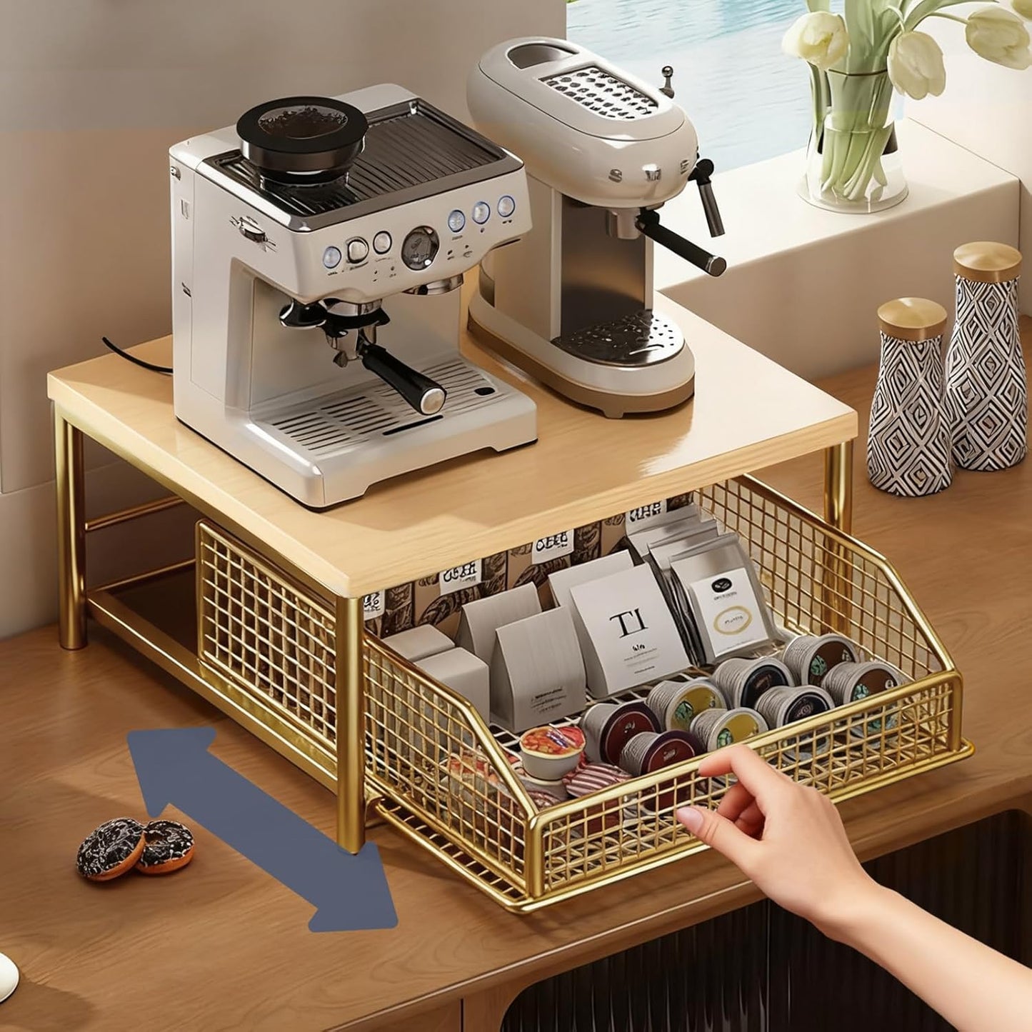Coffee Pod Drawer Holder,Coffee Machine Storage Rack,Home Kitchen Counter Coffee Bar Organizer,Storage Basket Drawer (Gold)