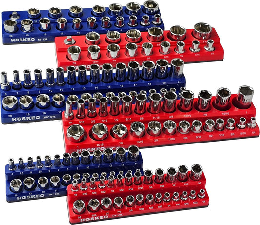 Magnetic Socket Organizer Set, 6 Pcs Red SAE and Blue Metric Socket Tray Set for 1/4", 3/8" & 1/2" Sizes Drive, Socket Holder Holds 143 Sockets for Tool Box