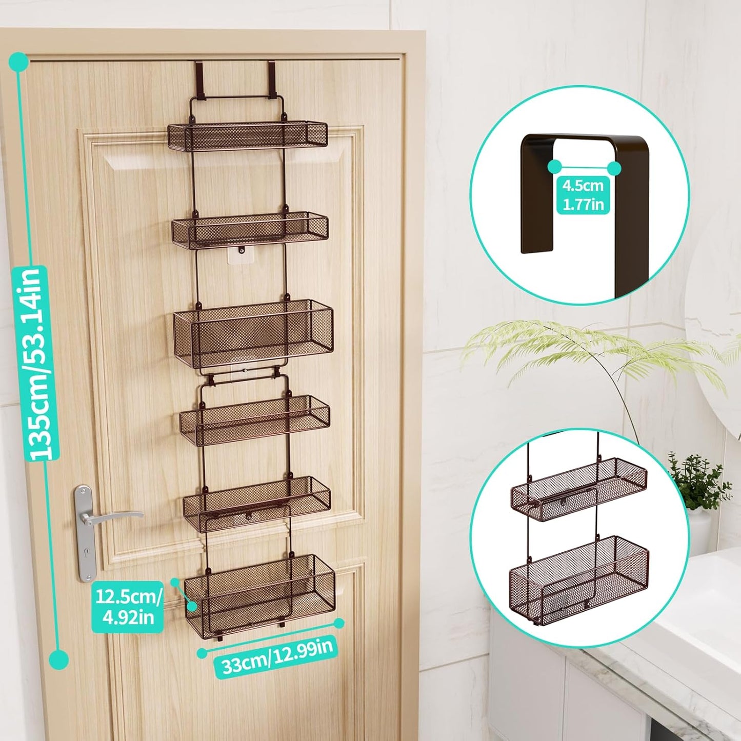HapiRm Over Door Organizer Storage - Separable Door Organizer Hanging with 6 Metal Large Capacity Baskets for Bathroom Bedroom Kitchen Pantry Closet (Brown)