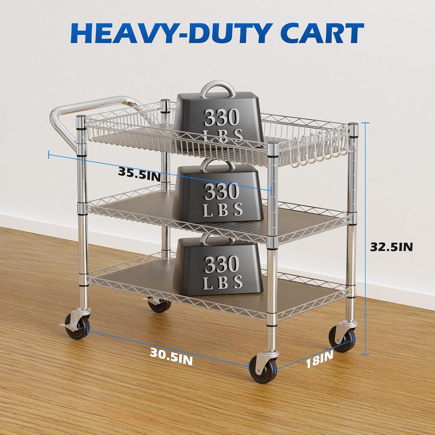 NTE Utility Cart with Wheels, 990lbs Capacity Metal 3 Tier Rolling Carts, NSF Kitchen Carts On Wheels with Storage, Heavy Duty Utility Cart with Handle & Wire Shelf for Indoor & Outdoor Use, Silver