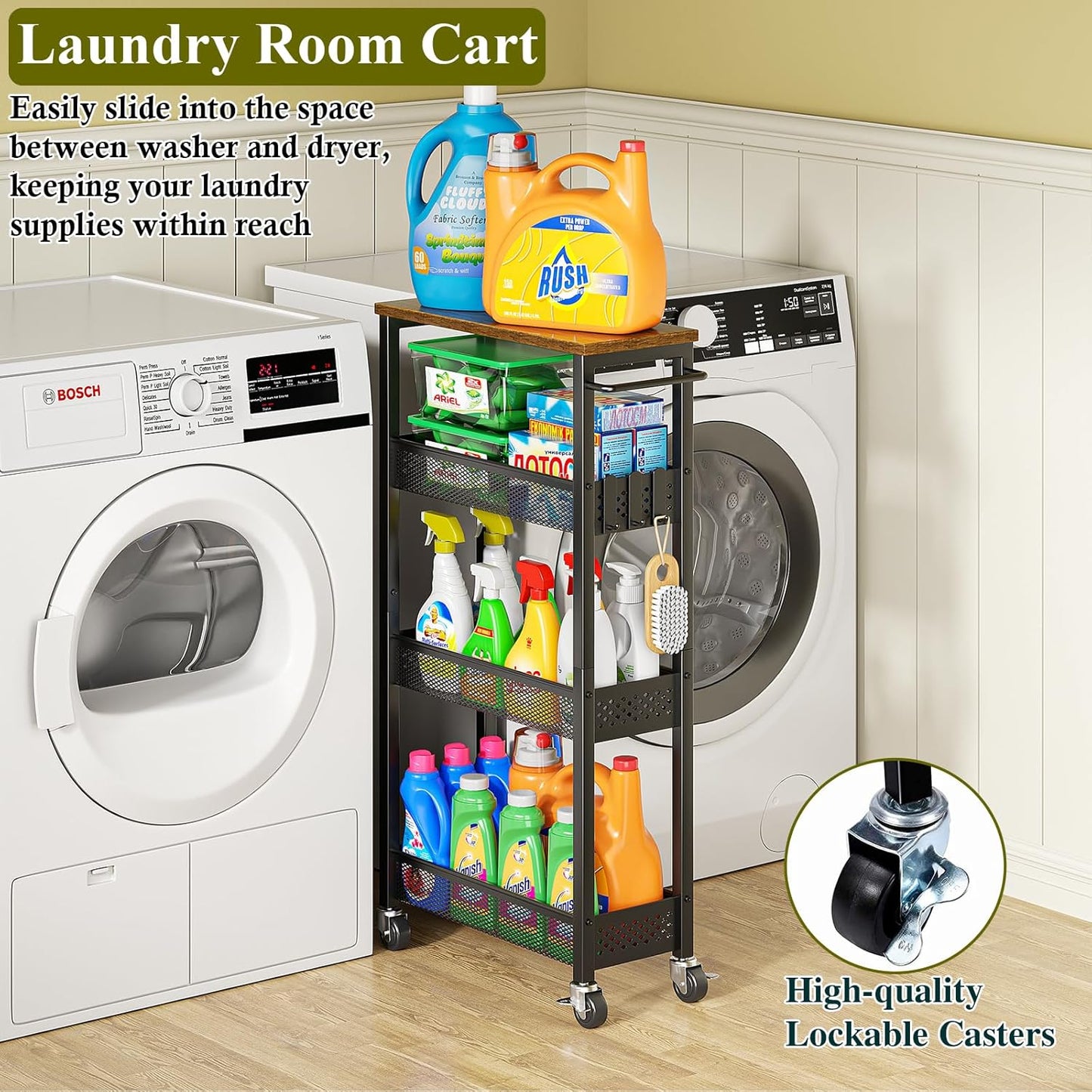 Utility Slim Storage Cart, 4 Tier Small Rolling Kitchen Laundry Room Cart with Wood Top, Metal Narrow Bathroom Storage Cabinet Mobile Shelf Unit Organizer Trolley with Handle for Narrow Space