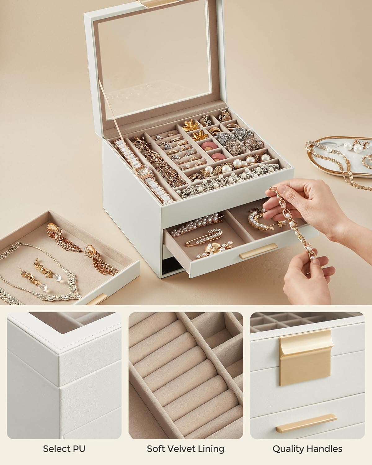 SONGMICS Jewelry Box Organizer with Glass Lid, 4-Layer Jewelry Storage, with 3 Drawers, Modern Style, Christmas Gift, 8 x 9.1 x 6.5 Inches, Cloud White and Gold Color UJBC173W01
