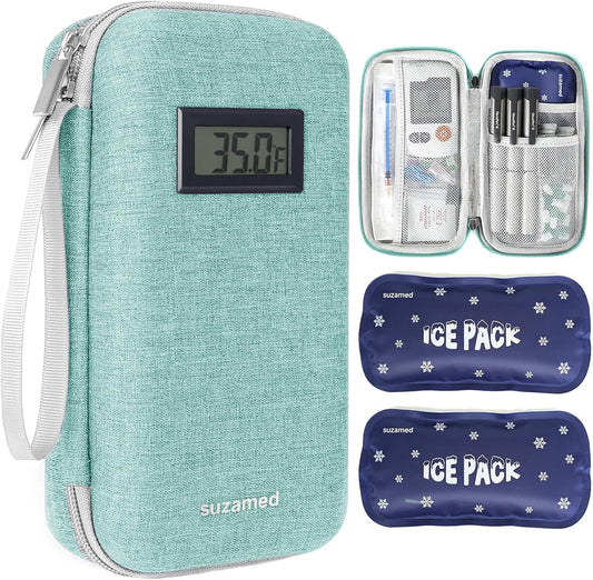 Insulin Cooler Travel Case,EVA Insulation Travel Medicine Kit with Temperature Display for Diabetes Care,Insulin Pen and Other Diabetic Supplies (Green-Temp)