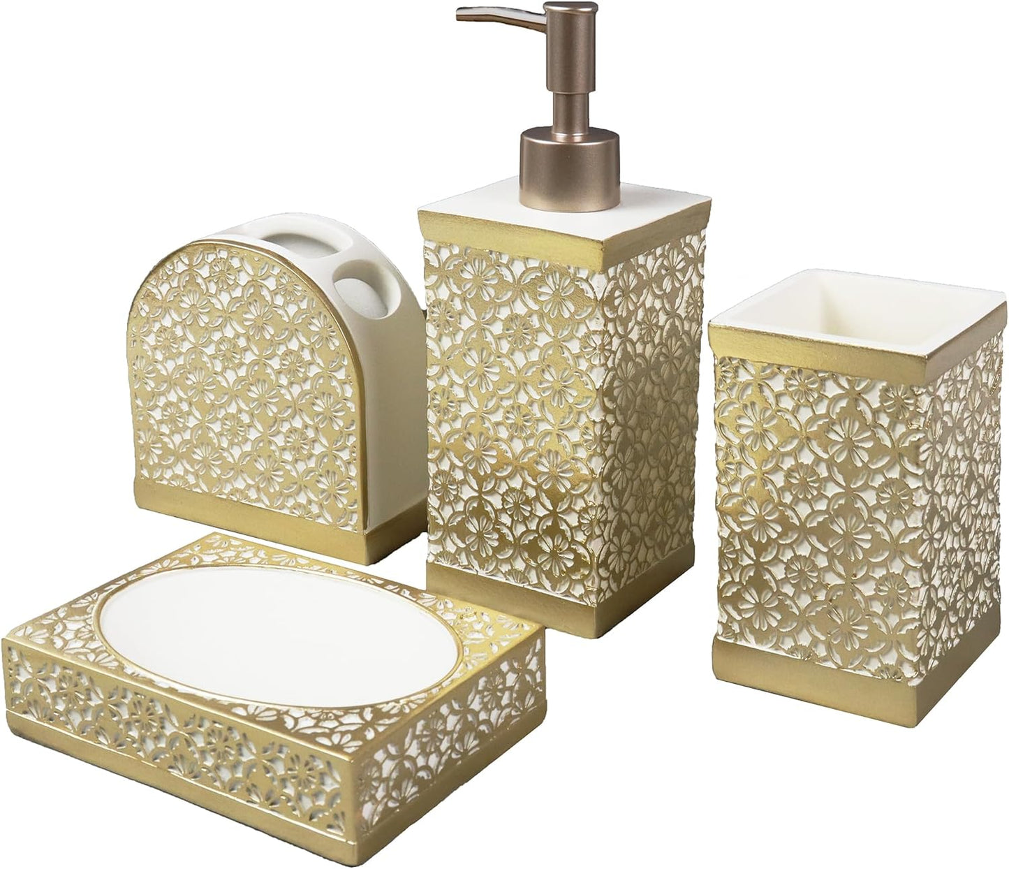Hymmah Gold Bathroom Accessories Set,Farmhouse Bathroom Decor,4 Pcs Resin Gift Set Apartment Necessities, Contain Cotton Swab Jar,Soap Dispenser,Tumbler，Soap Dish/Tray