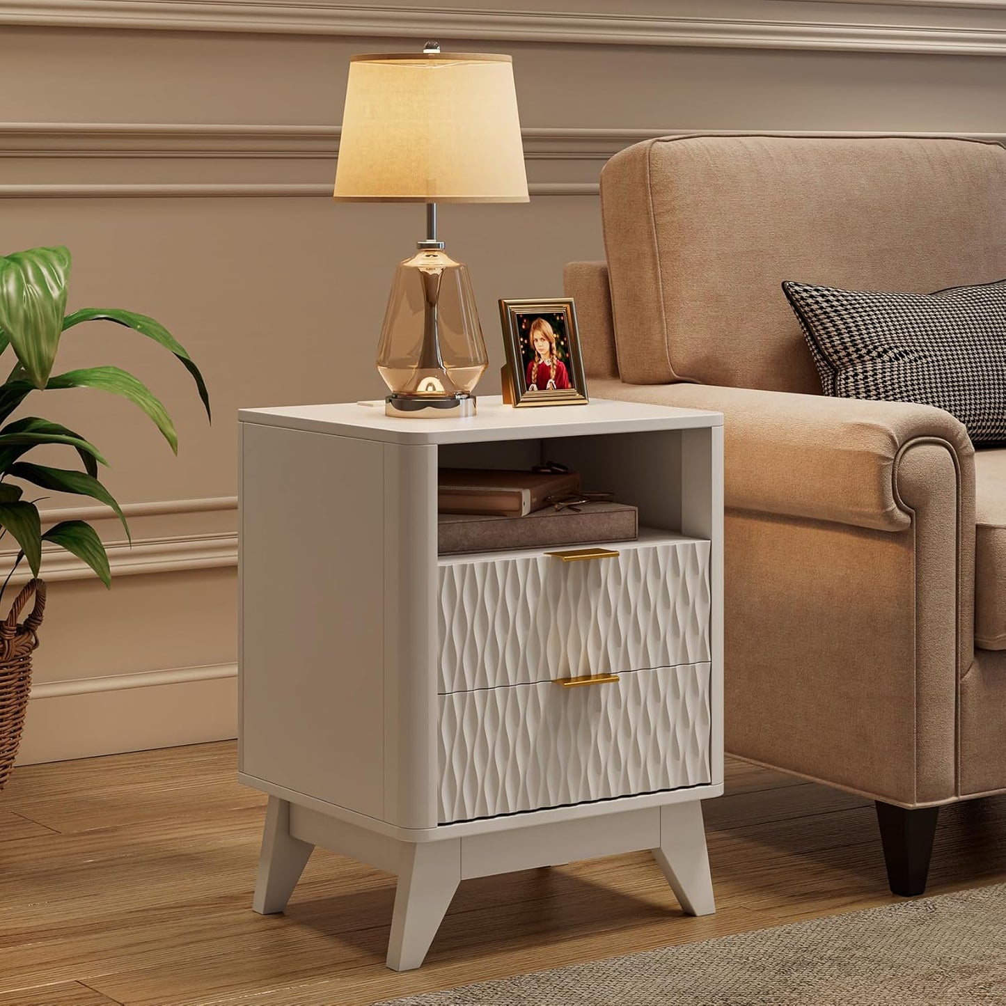 Fluted Nightstand with Charging Station, 18" Modern End Table with Storage Drawers, Bedside Table for Bedroom, White (1 Piece)