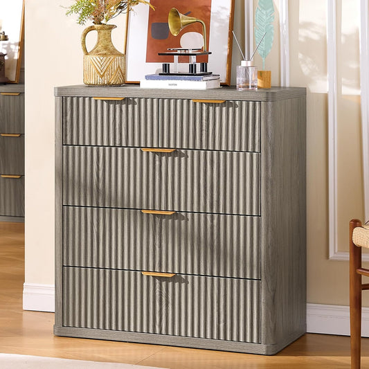 LEYAOYAO Fluted 5 Drawers Dresser for Bedroom, 34" Tall Modern Chest of Drawers with Metal Handle, Curved Profile Design,Grey Wood Drawer Organizer for Bedroom, Living Room, Hallway, Entryway