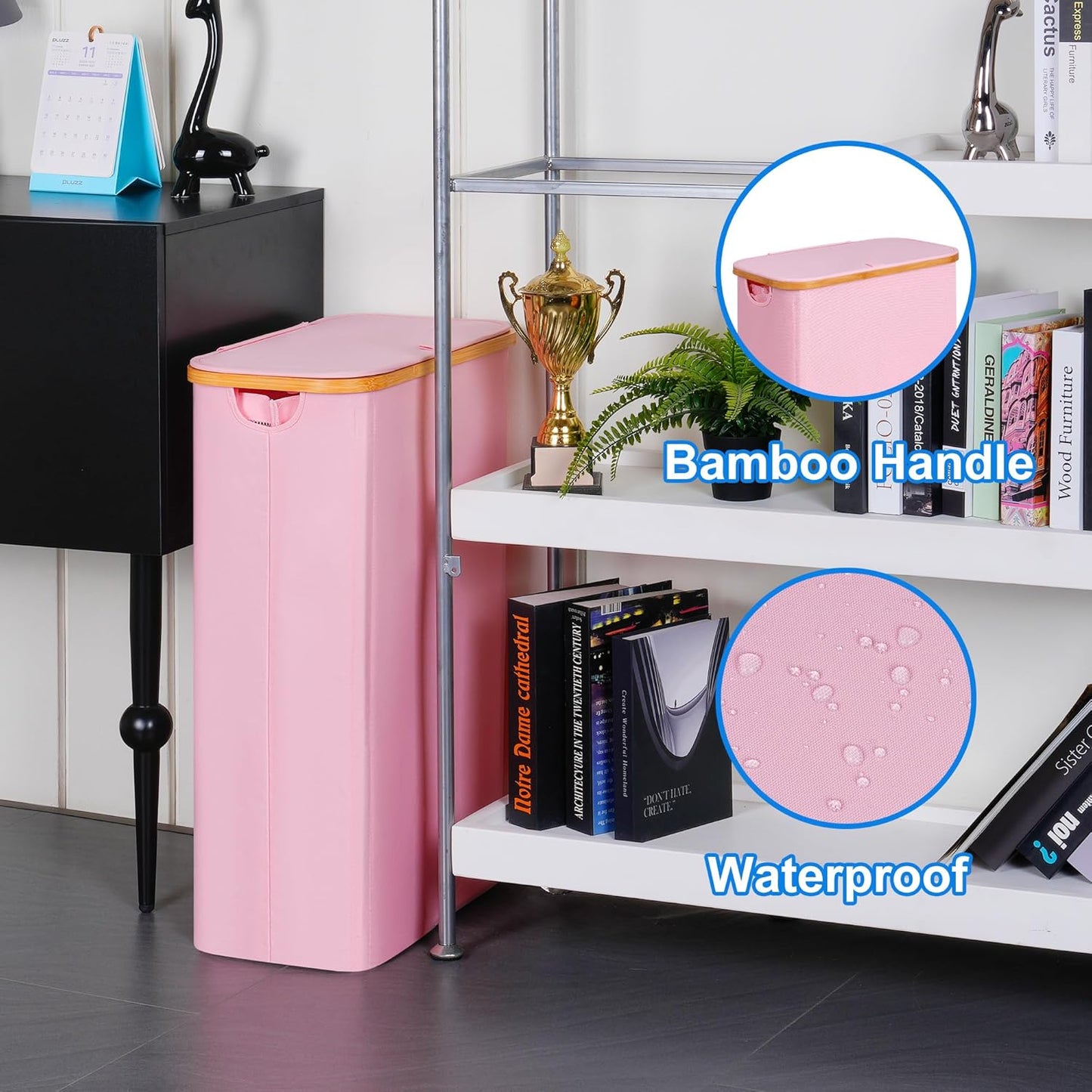 efluky Slim Laundry Basket with Lid, Narrow Laundry Hamper with Removable Bag, Skinny Dirty Clothes Basket with Bamboo Handles for Bathroom, Bedroom & Laundry Room, 75L Pink