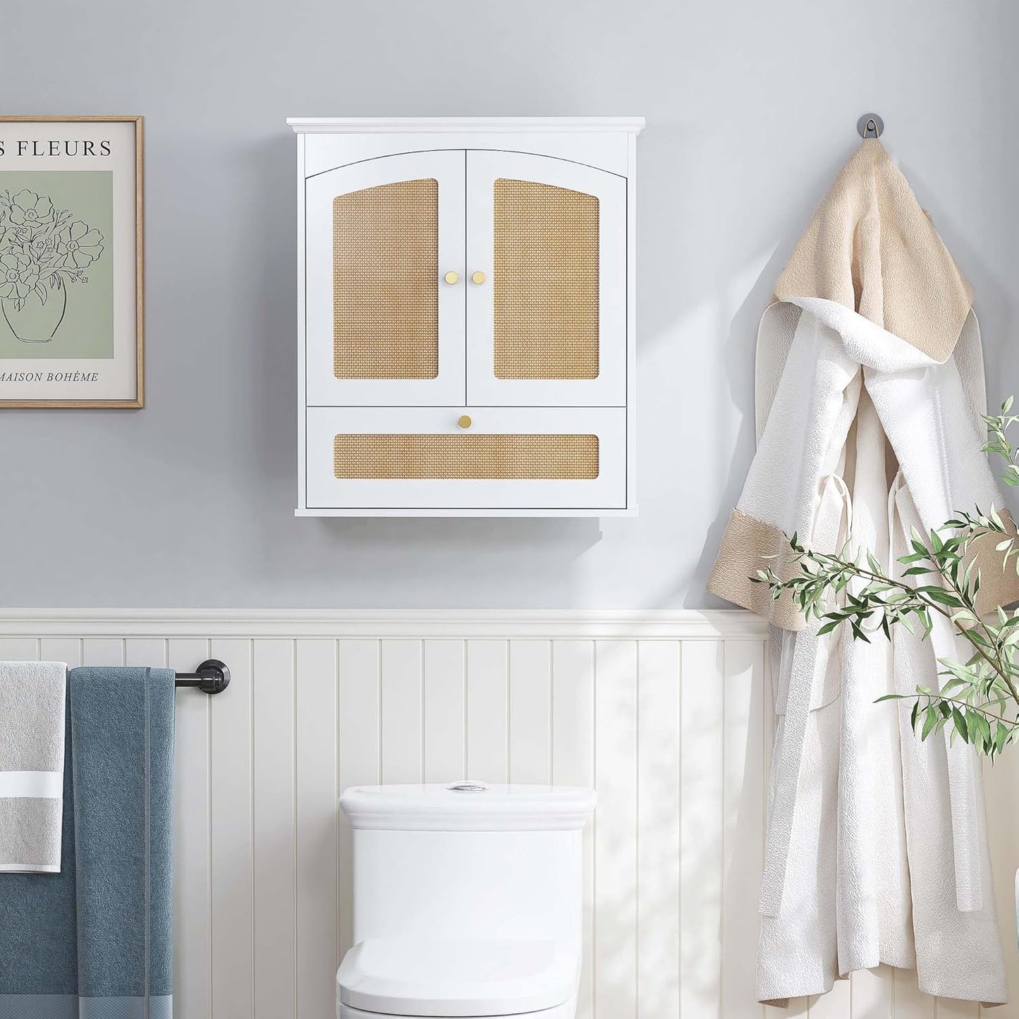 Spirich Bathroom Cabinet Wall Mount, Medicine Cabinet for Bathroom, Over The Toilet Storage Cabinet with Rattan Doors and Tilt-Out Cube