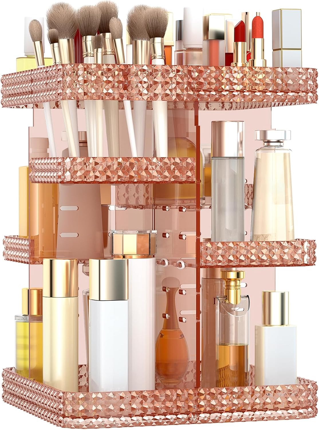 Rotating Makeup Organizer, Large Capacity Cosmetic Display Case, Acrylic Skincare Organizer with Makeup Brush, Makeup Storage Organizer for Dresser Countertop and Bathroom Vanity - Pink