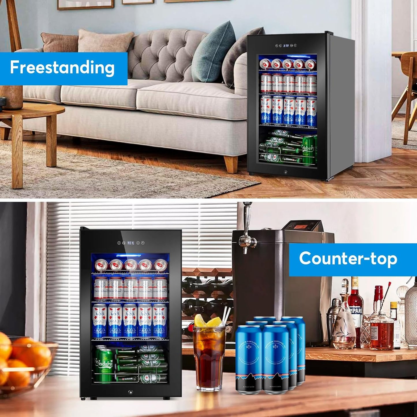 Beverage Refrigerator 17 inch Wide - 126 Can Beverage Cooler with Glass Door | Counter-Top/Freestanding Mini Beverage Beer Fridge | Temperature Memory | Invisible Door | Perfect for Soda,Beer