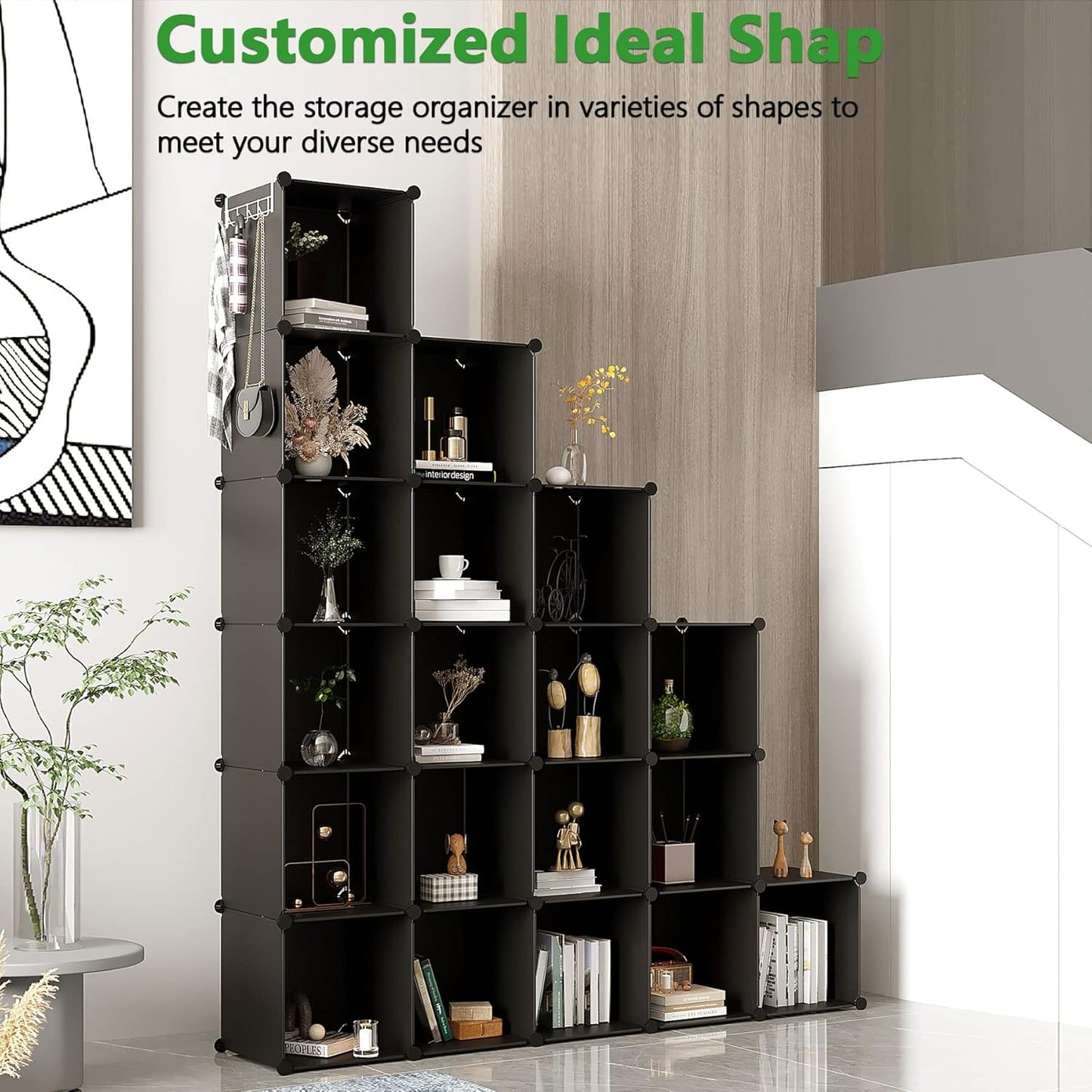 C&AHOME Cube Storage Organizer, 20-Cube Shelves Units, Closet Cabinet, DIY Plastic Modular Book Shelf, Ideal for Bedroom, Living Room, Office, 48.4" L x 12.4" W x 60.6" H Black UPCS20H