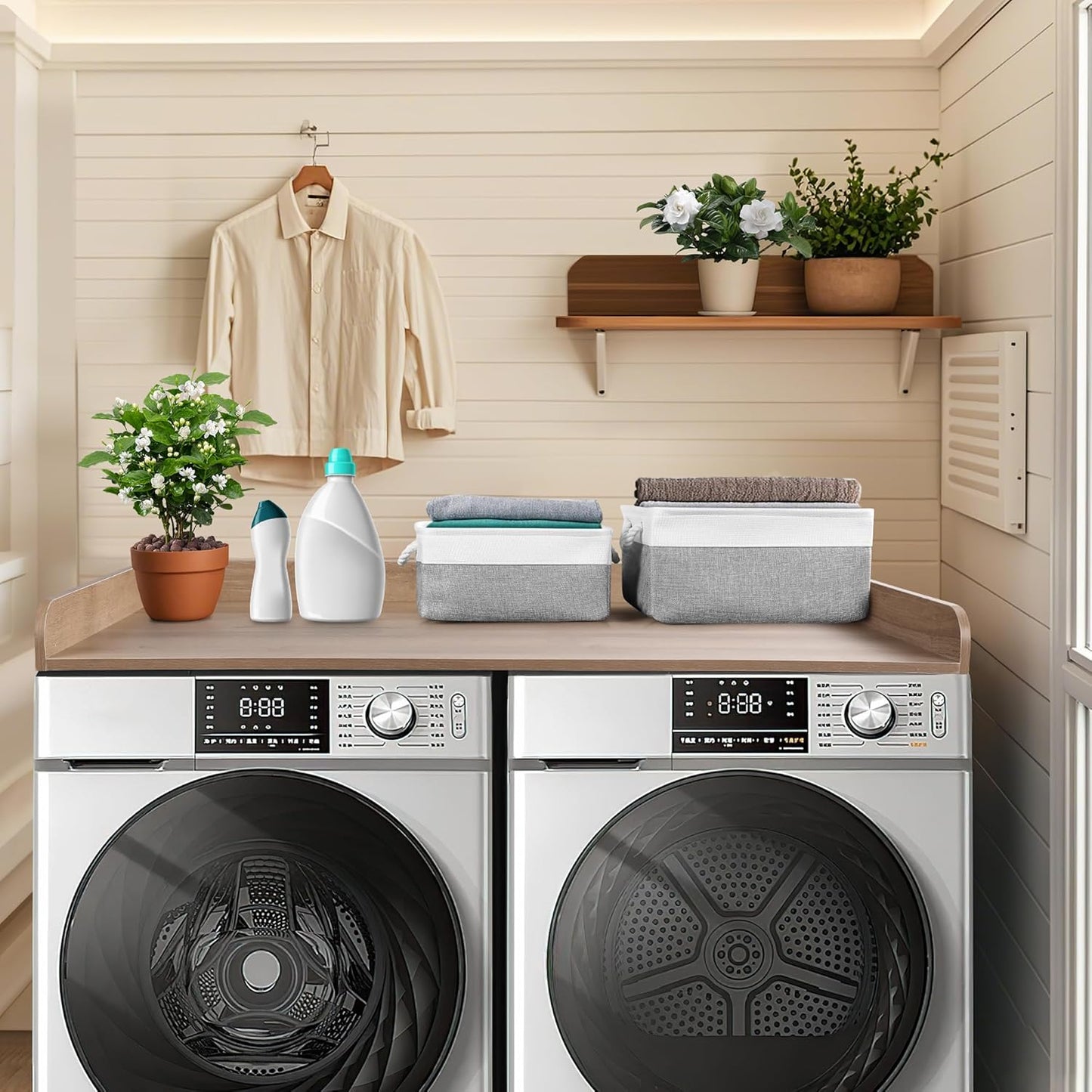 Washer Dryer Countertop with 2 Pack Storage Baskets, Wood Washer and Dryer Countertop with Non-Slip Pads/Edge Rails for Laundry Room Storage and Organization, 27.5" W x 54" L(Woodcolor)