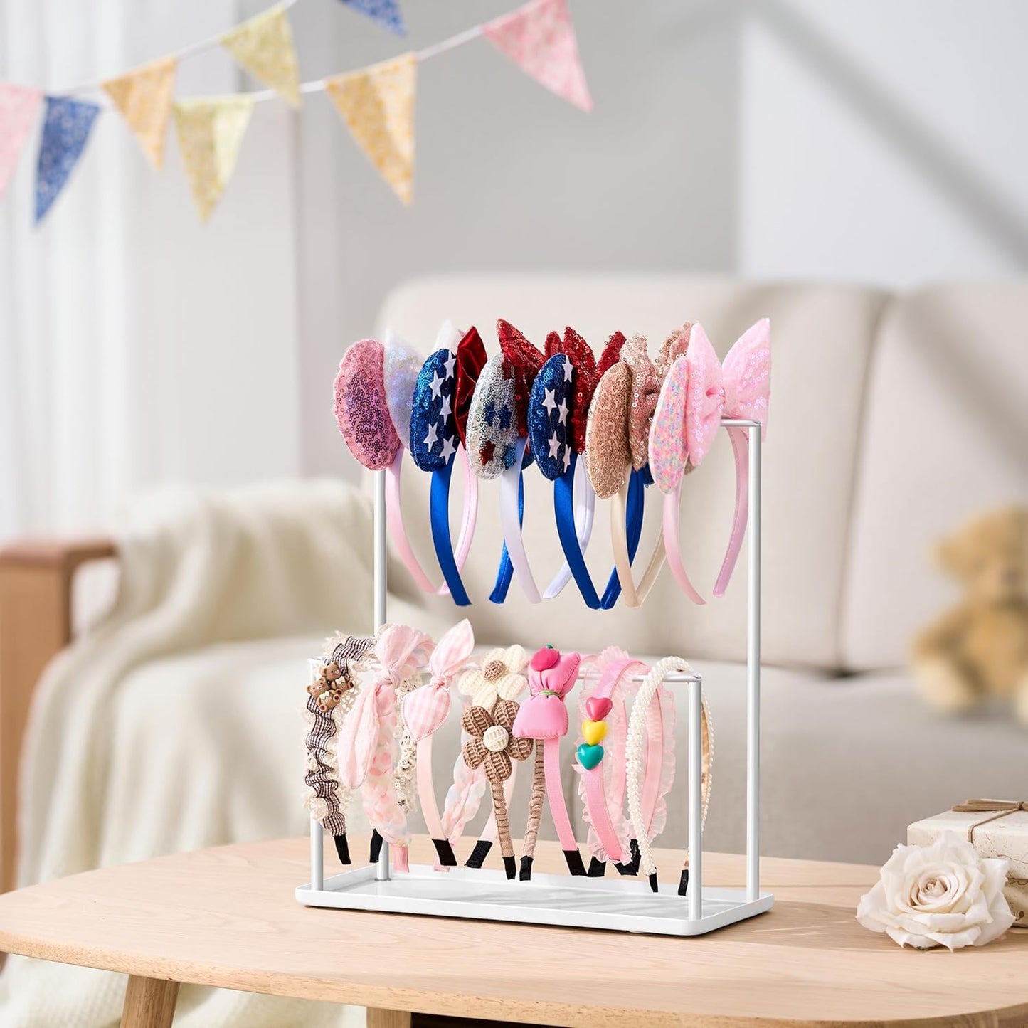 pickpiff Headband Holder Organizer Metal 2-Tier with Tray: Hair Accessories Display Stand Storage, Purse Charms Key Rings Rack Necklace Stand Home Bedroom for Girls Women, White