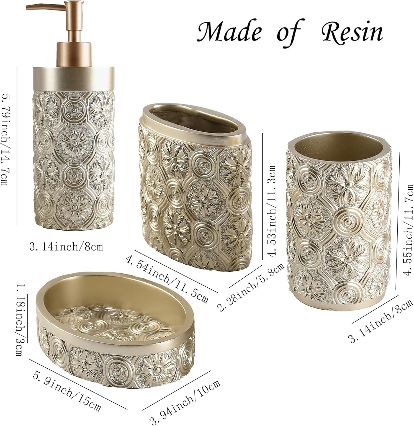 Hymmah Bathroom Accessories Set,Golden Design Toothbrush Holder,Farmhouse Bathroom Decor,4 Pcs Resin Gift Set Apartment Necessities, Contain Toothbrush Cup,Soap Dispenser,Soap Dish,Tumbler