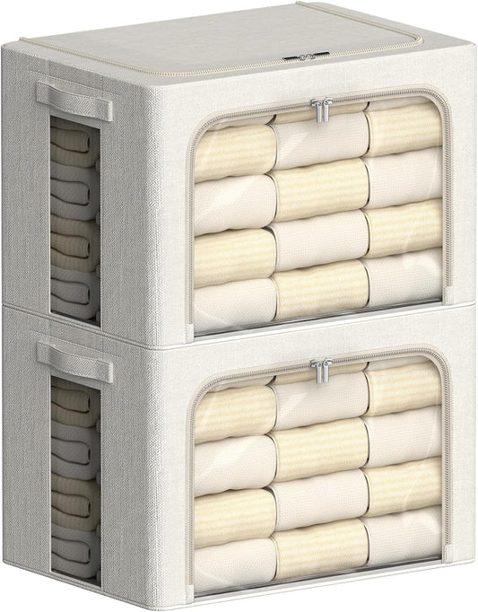 FHSQX 2 Pack Clear Window Storage Bins Large Stackable Linen Fabric Storage for Clothes Foldable Container Organizer Set with Carrying Handles (Lvory White, 23.6x 16.5x 15.7 Inch)