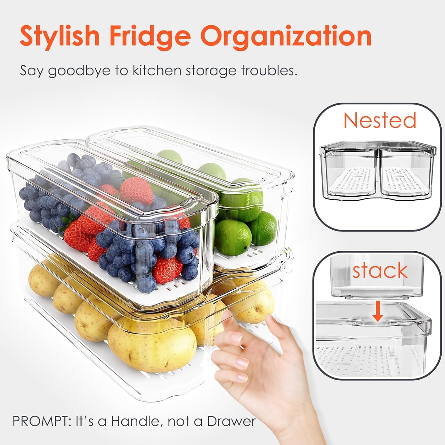 Fridge Organizers and Storage, 6 Pack Clear Freezer Organizer Bins with Lids for Kitchen, Pantry, Refrigerator, Food, Fruit, Vegetable Storage
