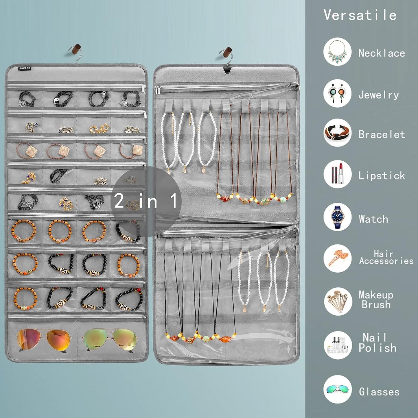 Dual-sided Hanging Jewelry Organizer Necklace Holder Jewelries Storage with 34 Zippered Pockets and 14 Dustproof Hook Loops (GREY)