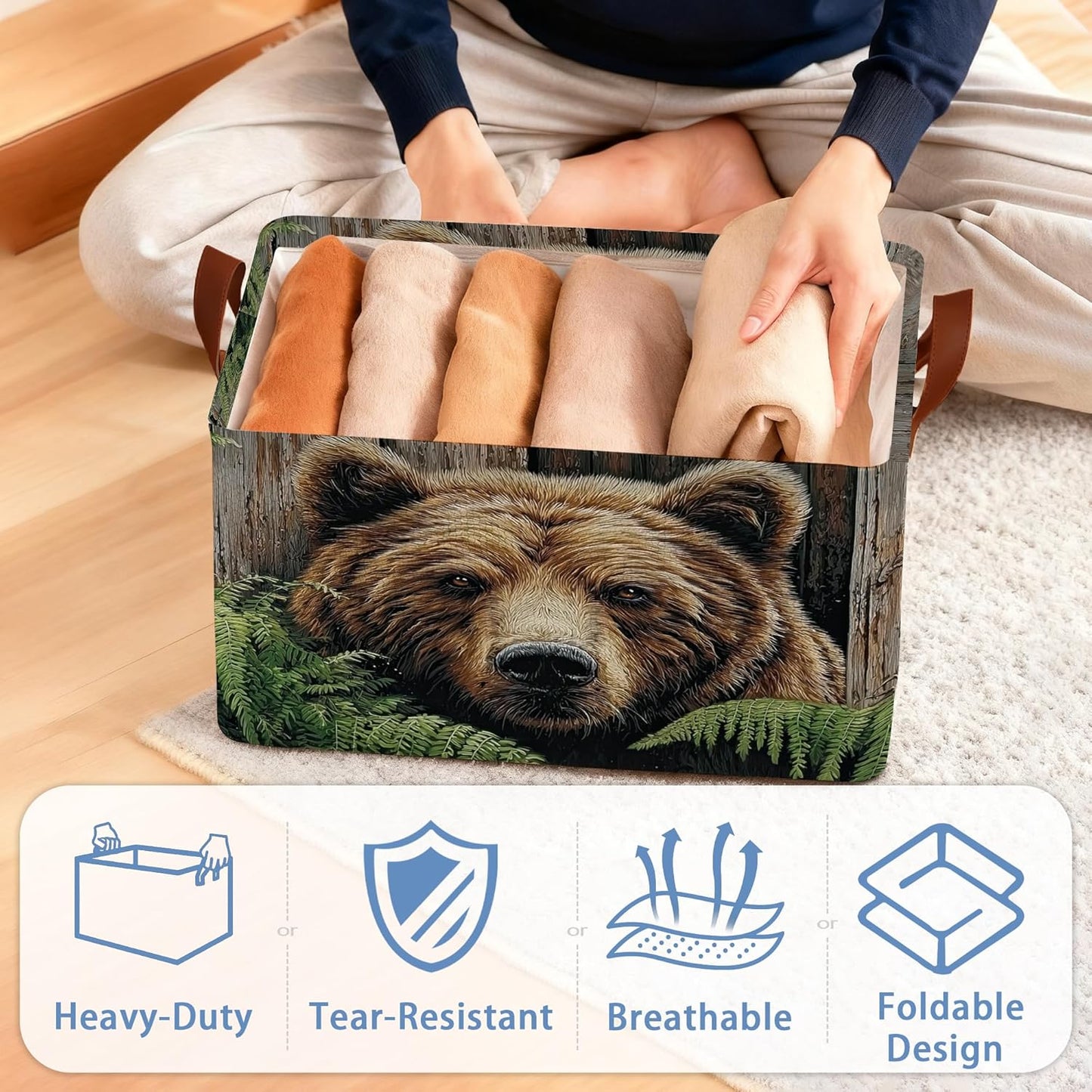 Vintage Bear Wooden Storage Baskets,Ferns Plants Foldable Large Capacity Organizer Bins with Waterproof Lining and Leather Handles for Closet, Shelf, Bedroom 17x11.5x10Inch