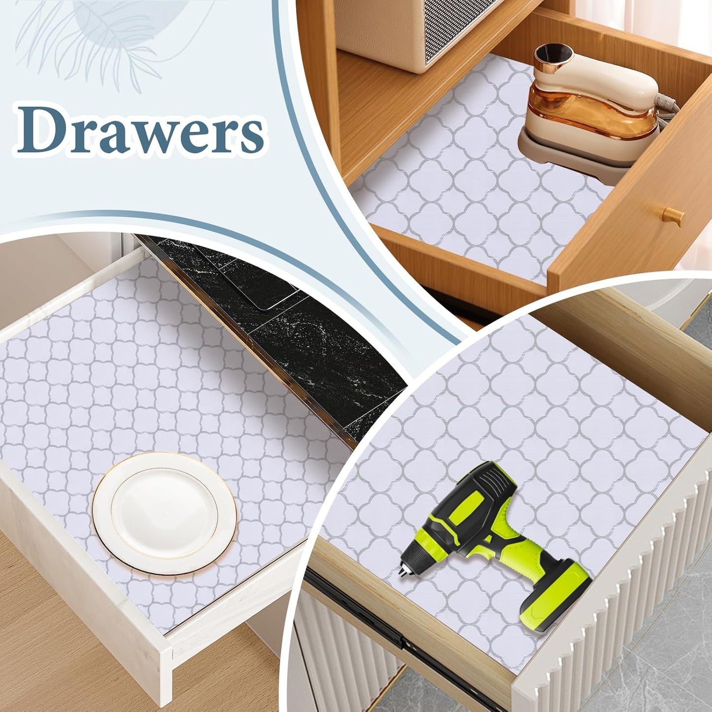 Shelf Liners for Kitchen Cabinets 23.6in x 20FT Non Adhesive Drawer Liner Silver Quatrefoil Shelf Liner Paper Strong Non-Slip Easy to Clean for Tool Box Refrigerator with Knife and Tape Measure