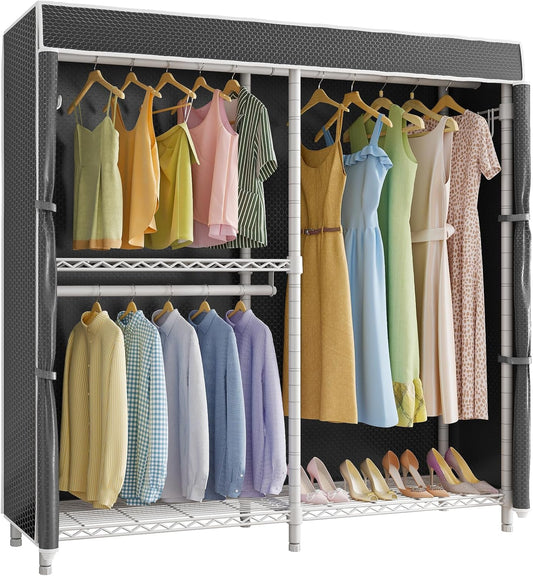 VIPEK V4C Garment Rack with Cover, Heavy Duty Portable Closet Adjustable Metal Clothing Rack for Hanging Clothes with Hanging Rods & Side Hooks, Max Load 810lbs, White Rack with Black Cover