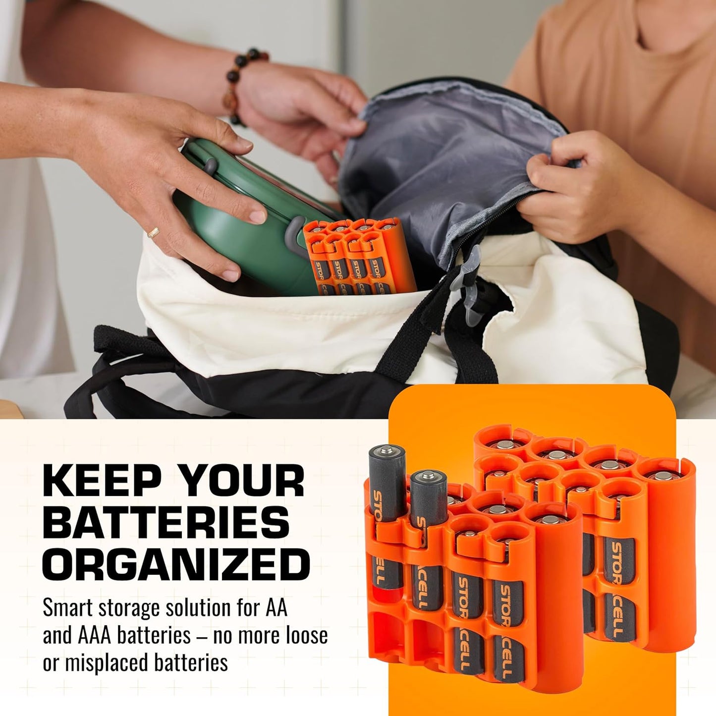 Storacell AA + AAA Combo Battery Storage Caddy and Dispenser (Pack of 2), Orange, Holds 4 AA + 4 AAA Batteries (Not Included), Durable & Compact Design, The Original Battery Caddy, Made in USA